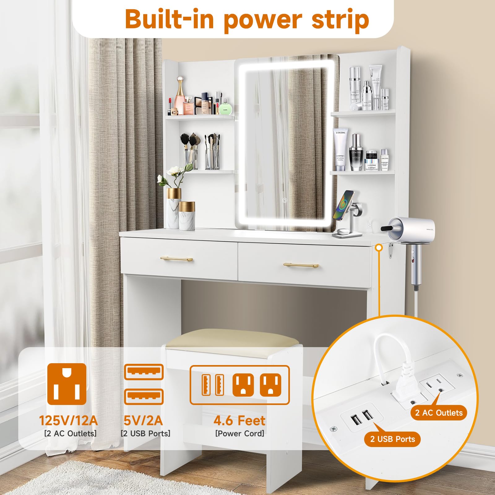 Vanity Set with LED Mirror, Stool & Power Outlet - White Dressing Table with 2 Large Drawers & Built-in Lights - Perfect for Makeup, Skincare & Hair Styling at Home