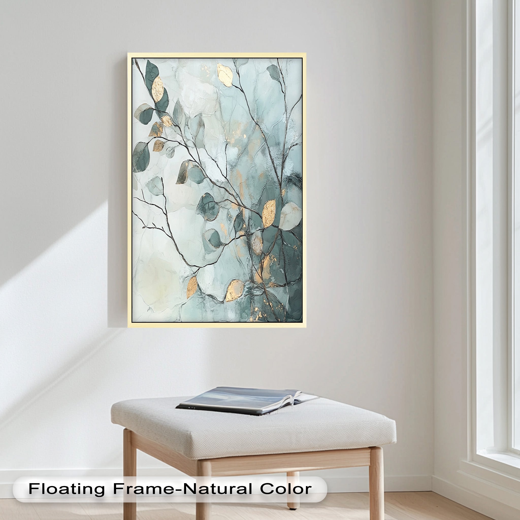 Blue and Metallic Leaf Branch Abstract Oil Painting - Handmade Canvas Wall Art for Living Room, Bedroom & Office Decor