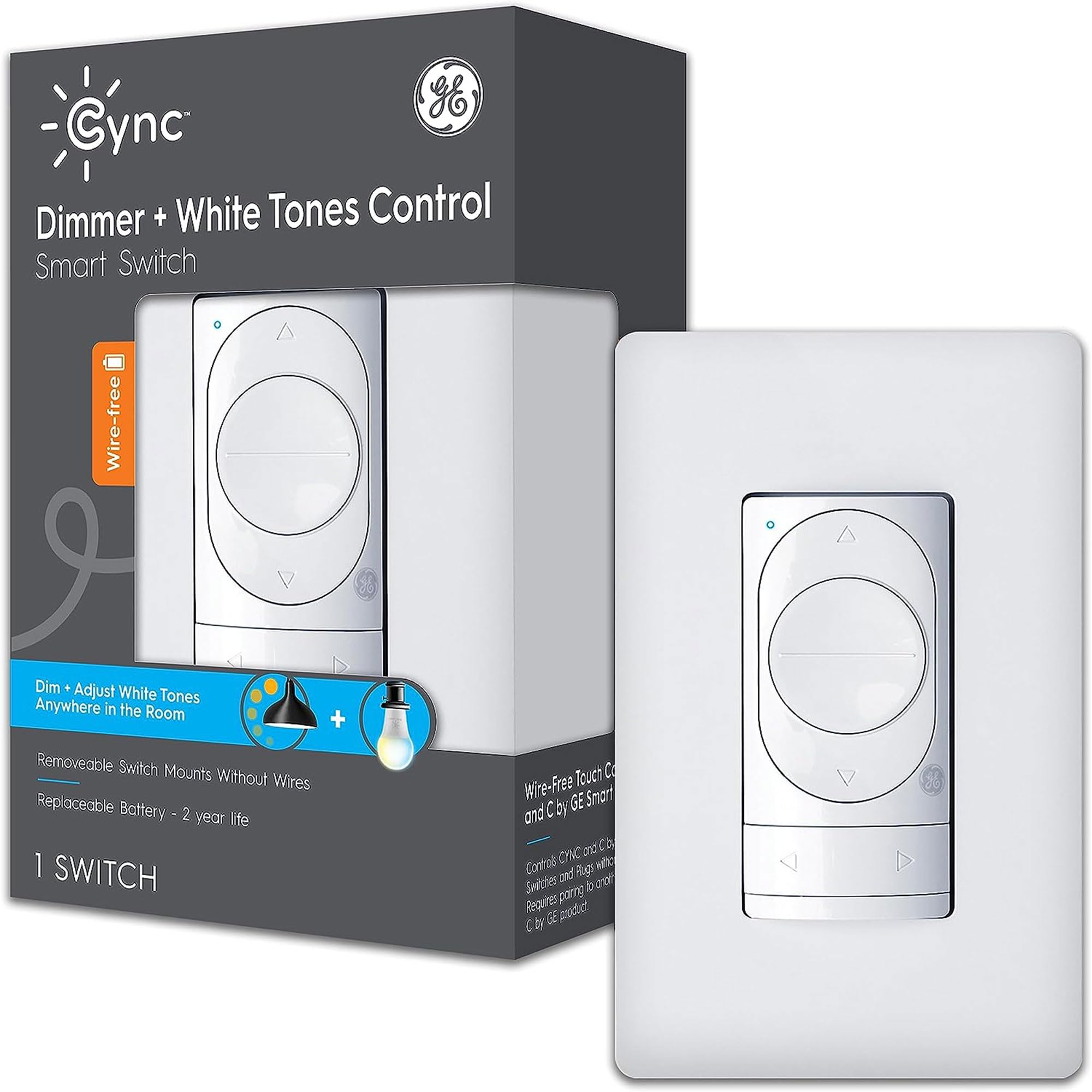 GE CYNC Smart Dimmer Light Switch - Wireless Bluetooth Control, Adjustable White Tones, Battery Powered (1 Pack) - Perfect for Smart Homes, Bedrooms & Living Rooms