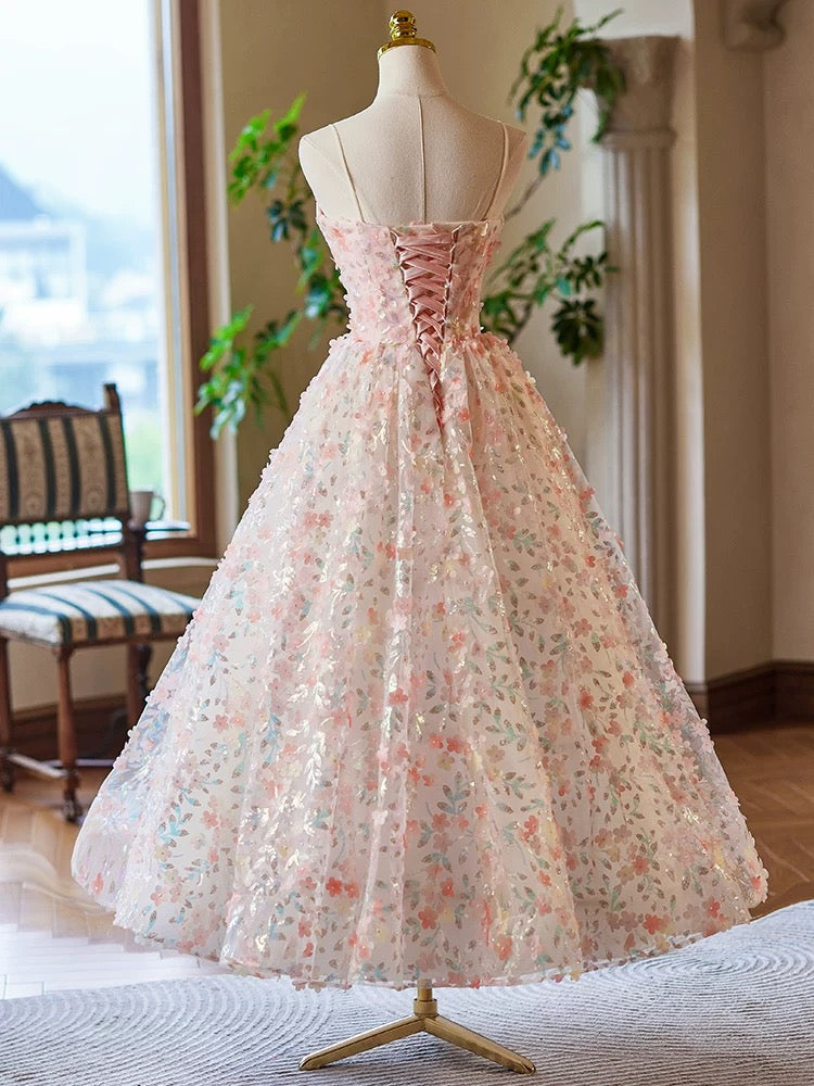 Elegant A-Line V-Neck Floral Lace Tea-Length Pink Prom Dress for Formal Events - Perfect for Homecoming, Dances & Special Occasions
