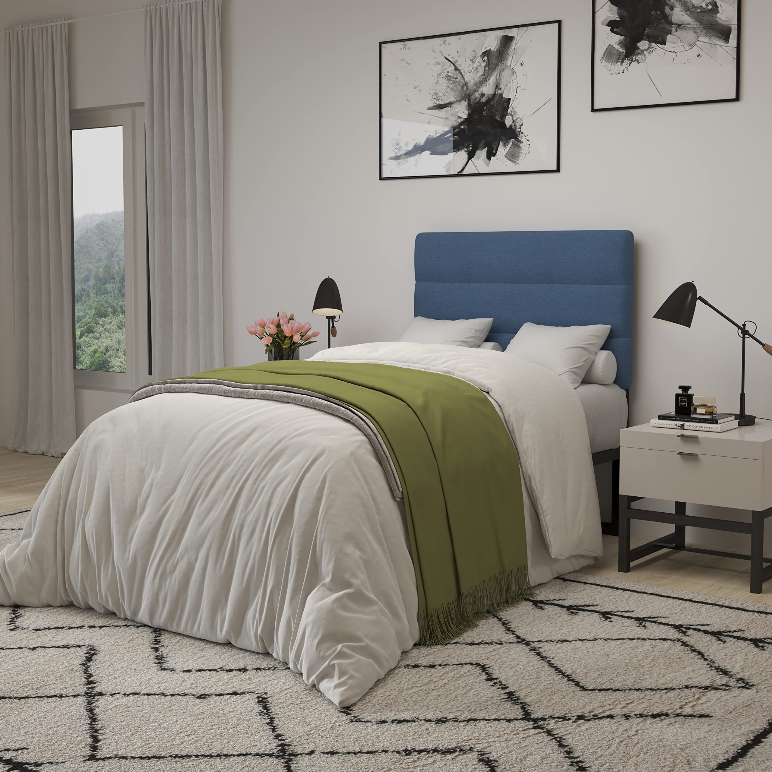 Merrick Lane Coppola Upholstered Headboard - Twin Size Button Tufted Blue Fabric Bed Headboard with Metal Legs & Adjustable Slots | Fits Standard Bed Frames | Perfect for Kids Rooms, Guest Bedrooms & Dorm Decor