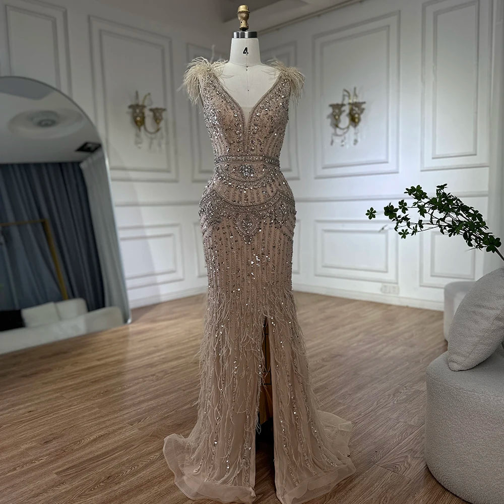 Elegant Dubai Arabic Blue Beaded Feather Mermaid Evening Gown for Women - Formal Occasion Long Dress LA72742 | Perfect for Weddings, Galas, and Red Carpet Events