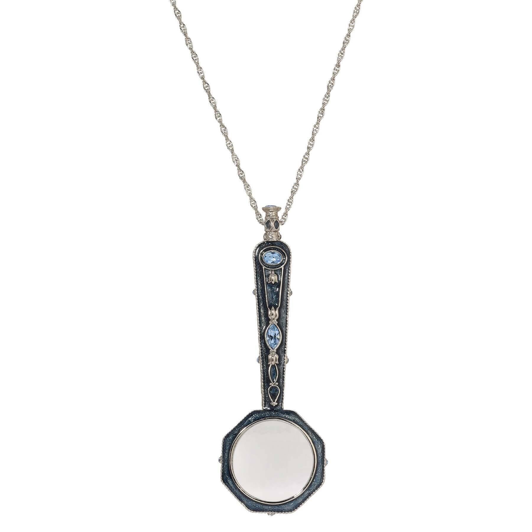 1928 Vintage Blue Crystal & Enamel Octagon Magnifying Glass Pendant Necklace - 12X Magnification Power - Antique Style Jewelry for Reading, Collectors & Gift Giving