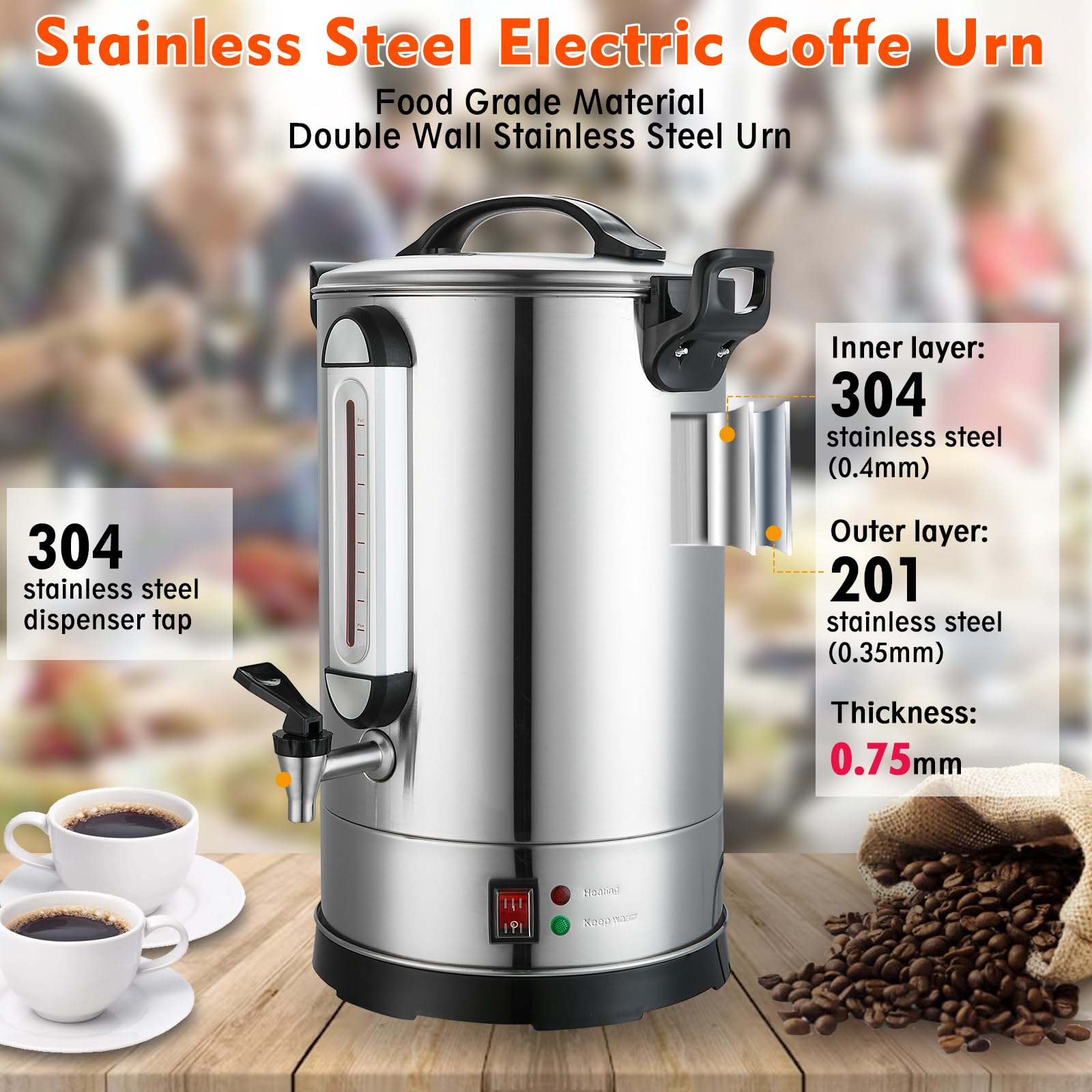 100 Cup Commercial Coffee Urn - Stainless Steel Industrial Hot Beverage Dispenser & Percolator - 1300W Catering Coffee Maker for Events, Parties, Restaurants & Large Gatherings - Perfect for Wedding Receptions, Office Meetings & Church Functions