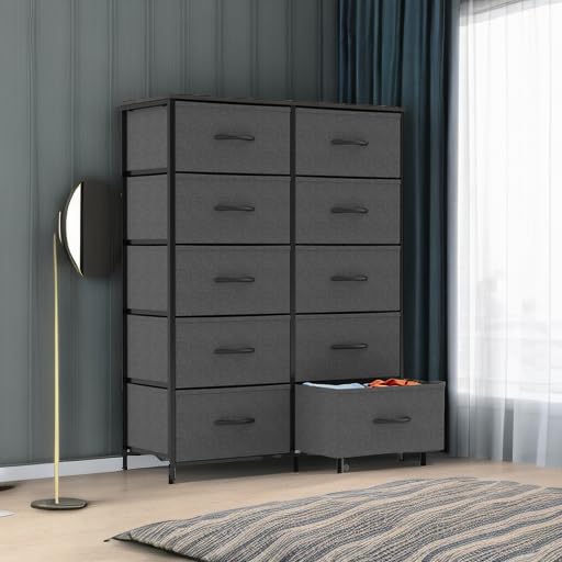 Sweetcrispy 10-Drawer Tall Dresser for Bedroom - Wood Top & Steel Frame Chest of Drawers with Fabric Bins - Bedroom Storage Organizer for Clothes, Accessories - Perfect for Bedroom, Closet & Entryway Organization