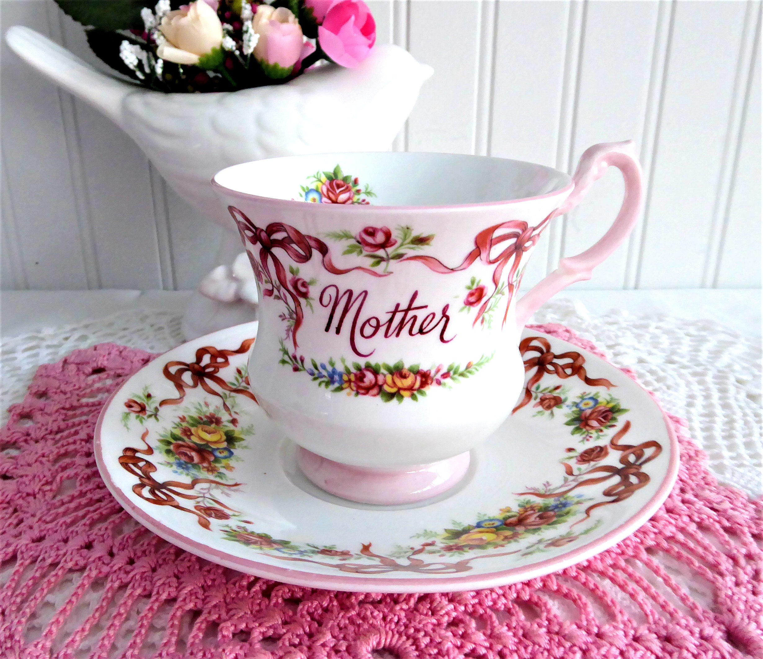Vintage 1980s Queen's Bone China Cup and Saucer Set with Ribbon & Rose Design - Perfect for Mother's Day, Afternoon Tea, and Special Occasion Gifts
