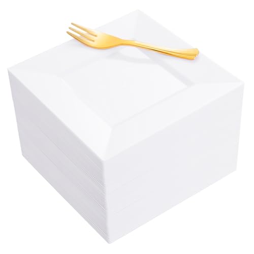 100pcs White Square Dessert Plates with Gold Dessert Forks