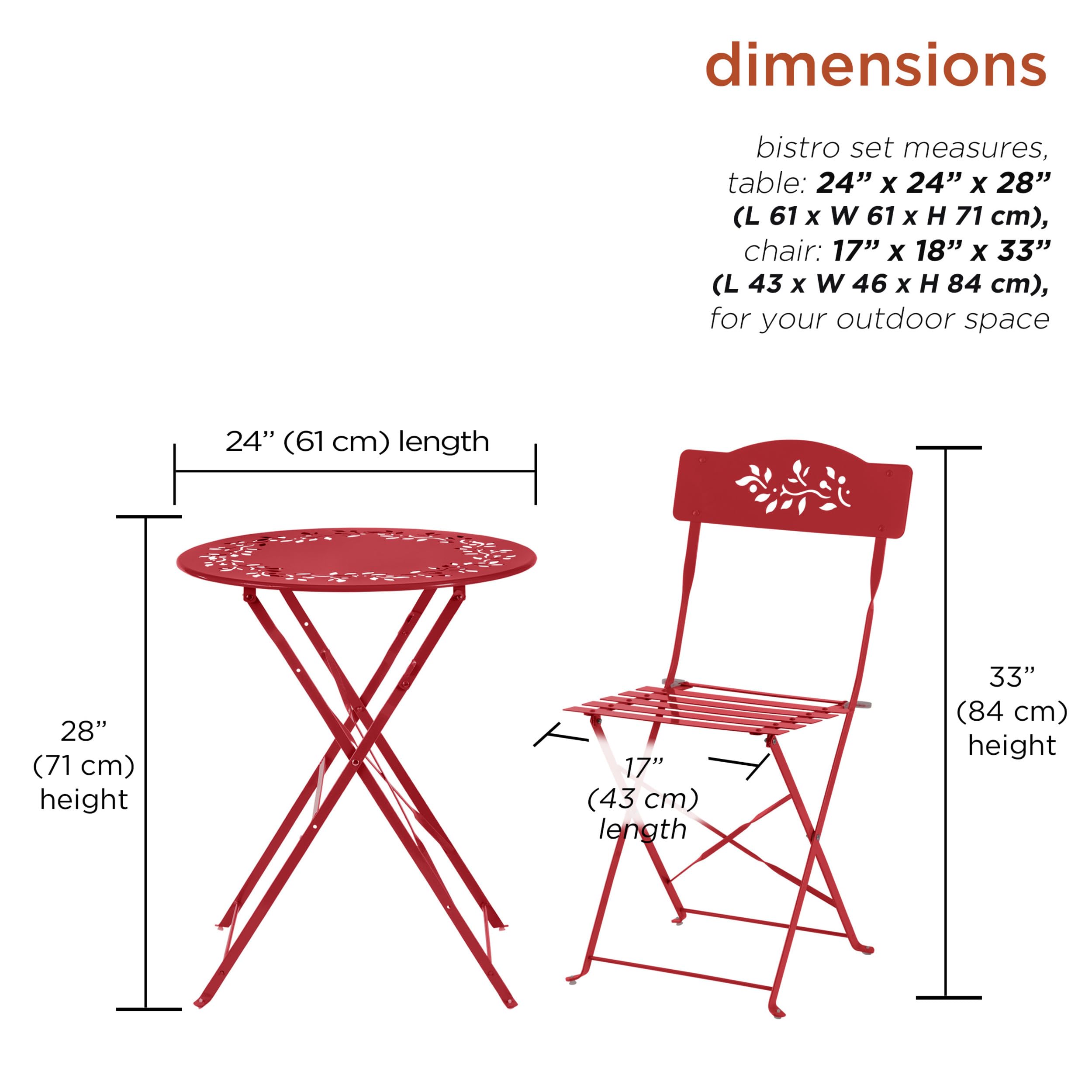 Alpine Corporation 3-Piece Bistro Set - Folding Table & Chairs for Indoor/Outdoor Use - Compact Patio Seating in Vibrant Red - Perfect for Small Balconies, Gardens, and Apartment Decks