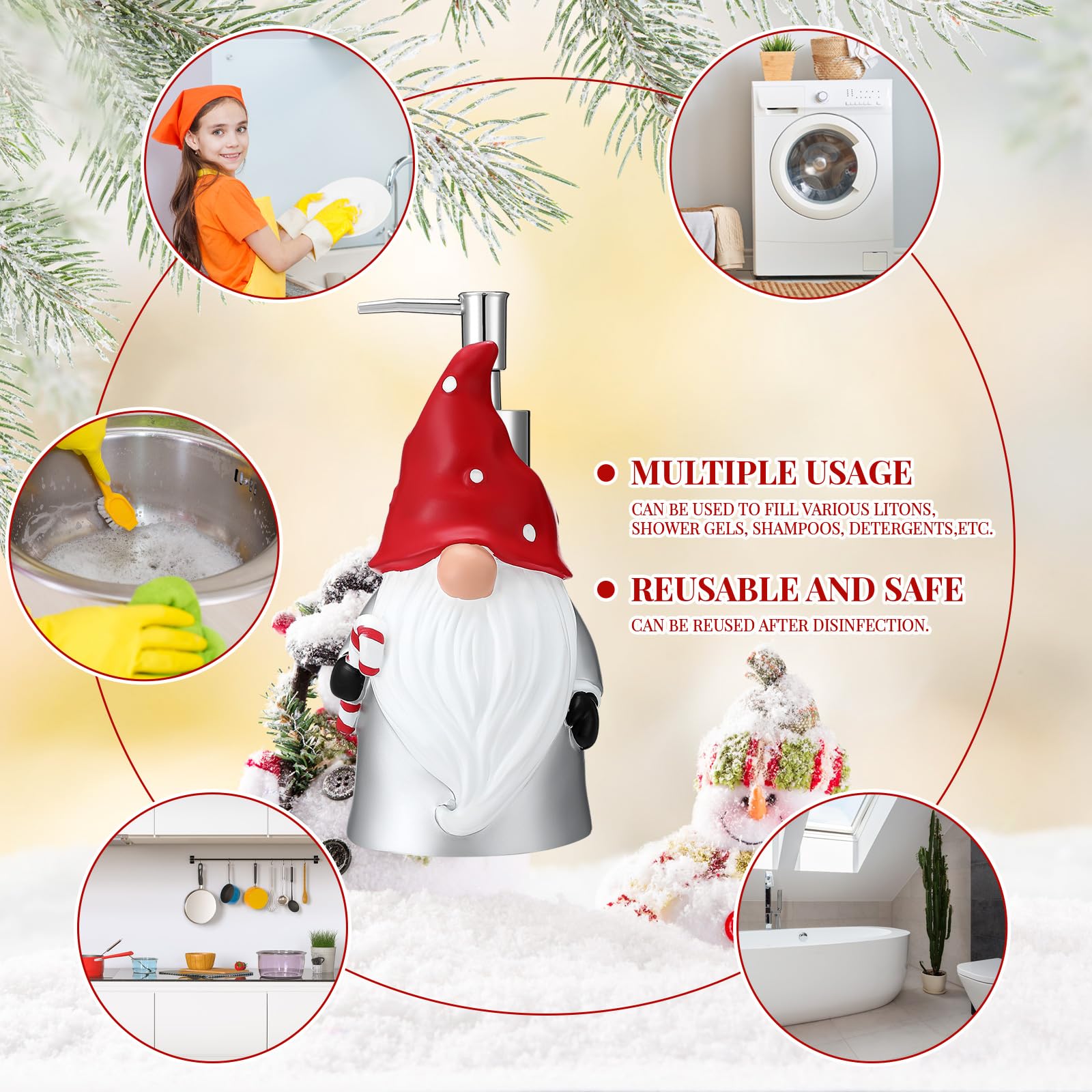 Christmas Soap Dispenser & Towel Set - 4pc Bathroom Decor (Red/White Gnome) for Holiday Home
