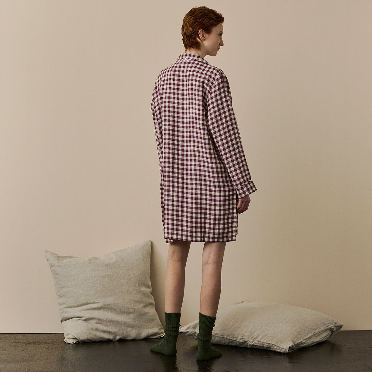 Stylish Berry Gingham Linen Night Shirt for Women - Soft & Breathable Sleepwear for Summer Nights - Perfect for Lounge, Vacation & Bedtime Comfort