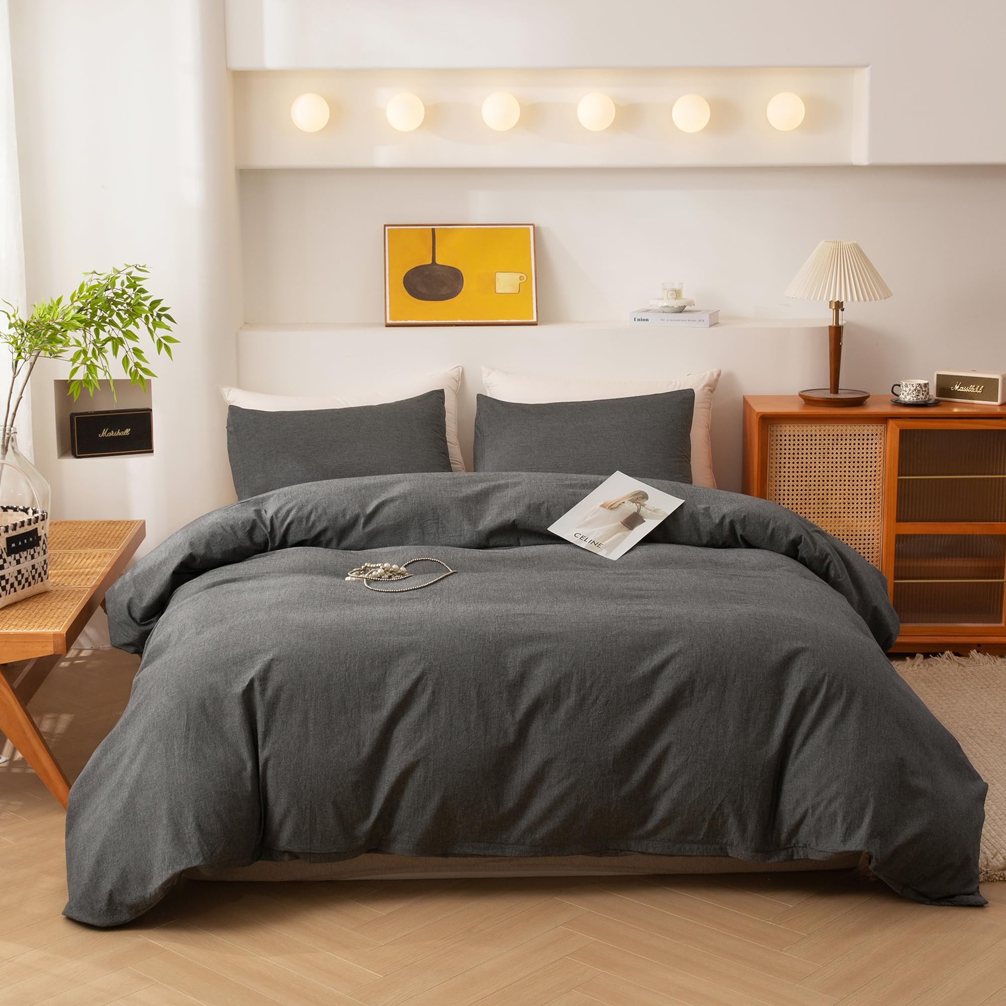 ECOCOTT King Size Grey Duvet Cover Set - 100% Washed Cotton, Ultra Soft & Breathable with Zipper Closure & 2 Pillowcases - Easy Care Simple Style Bedding for Cozy Sleep (Dark Grey) - Perfect for Master Bedroom, Guest Room & Airbnb
