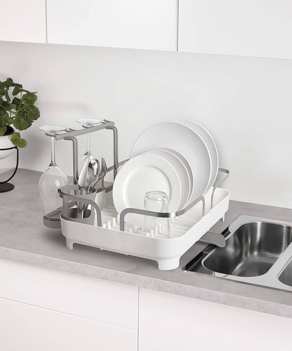 Umbra Holster Deluxe Dish Rack - White | Modern Countertop Dish Drying Rack with Utensil Holder | Perfect for Small Kitchens, Apartments & RVs