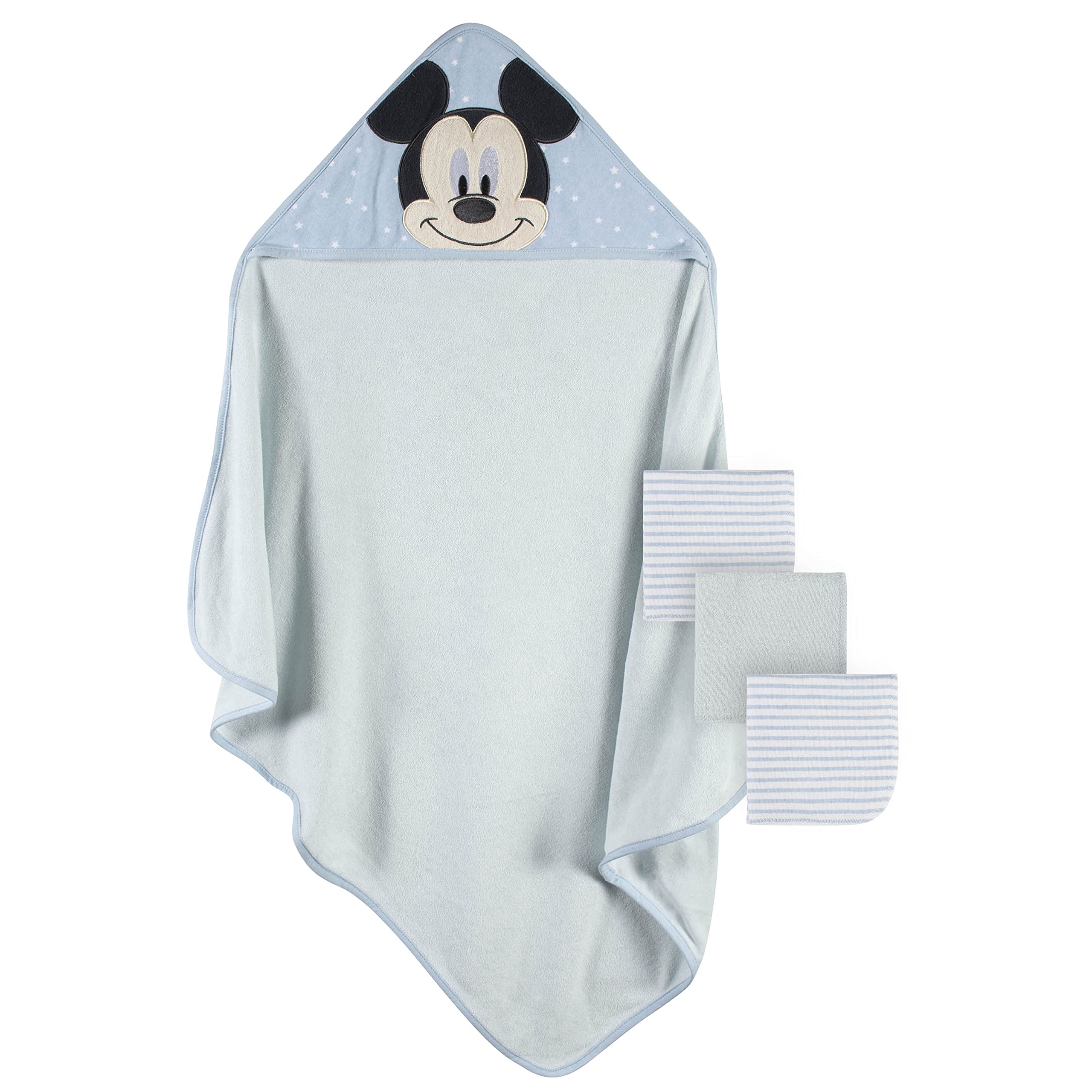 Disney Baby Mickey Mouse 4-Piece Hooded Towel & Washcloth Set - Soft Bath Towels for Newborns & Toddlers, Grey, 4 Pc Set - Perfect for Bath Time, Baby Showers & Nursery Essentials