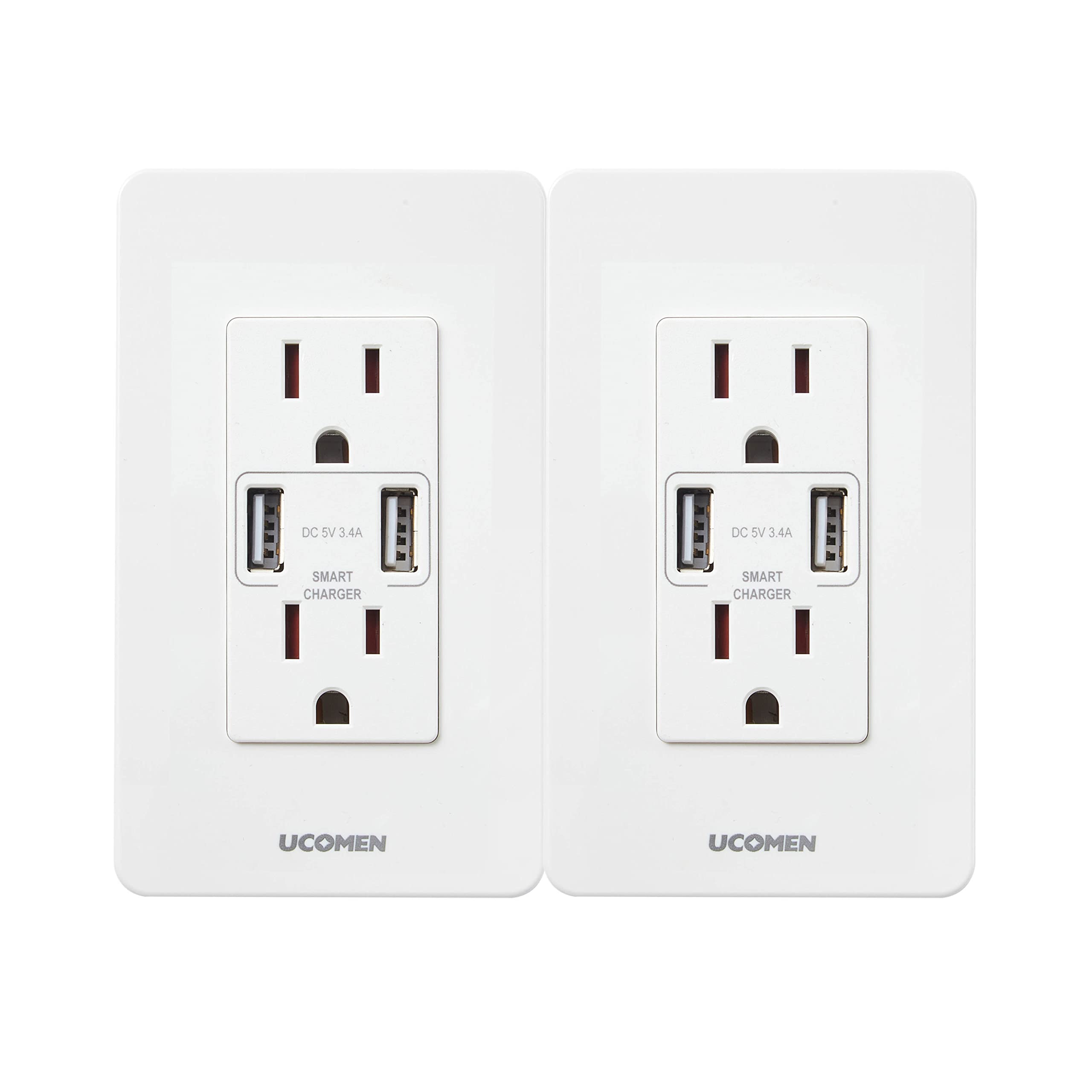 UCOMEN 3.4A Tamper-Resistant USB Wall Outlet - 15Amp Duplex Receptacle with Dual USB Ports (2 Pack, White) - Perfect for Home, Office & Hotel Charging Stations