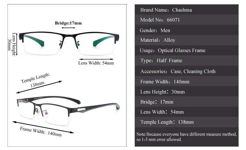 Men's Semi Full Rim Square TR90 Alloy Eyeglasses Frame 66071/85 - Lightweight & Durable for Work, Reading & Everyday Use