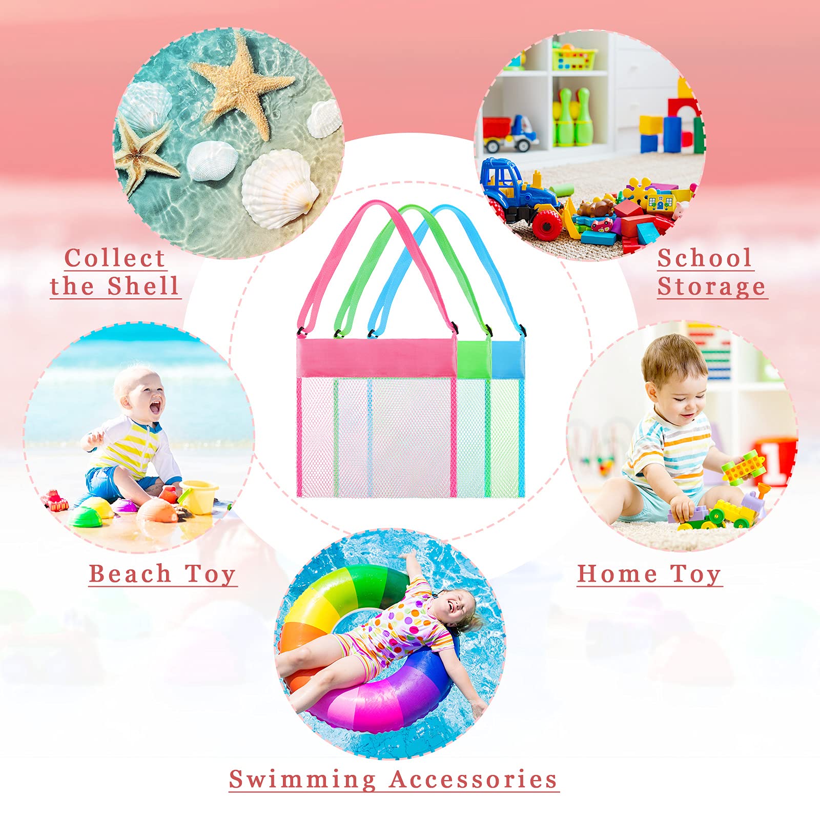 Frienda 15 Pack Mesh Beach Tote Bags with Seashell Design - Large Toy Organizer for Kids, Perfect for Beach Trips, Picnics & Pool Parties - Durable & Lightweight (Classic Style)