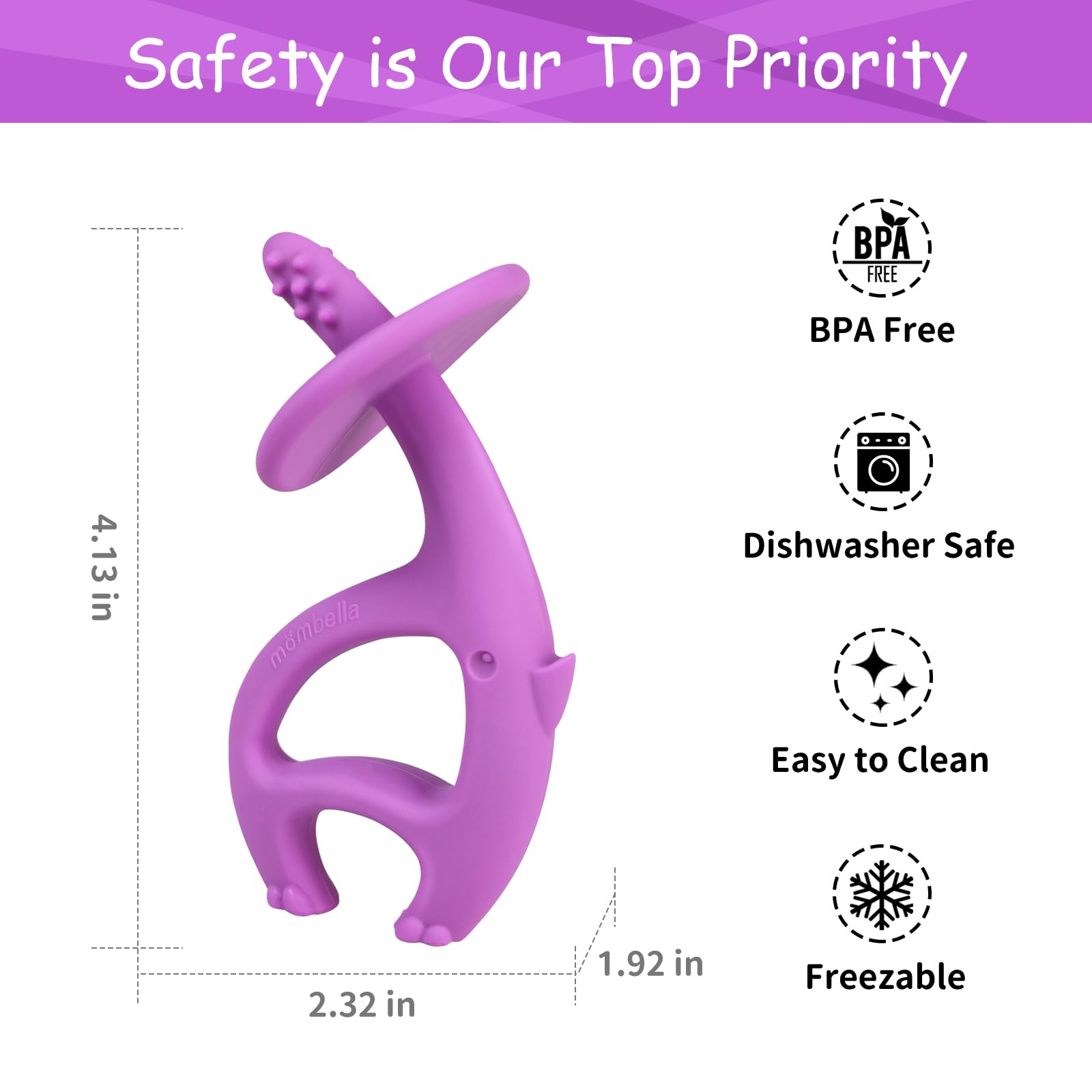 Mombella Baby Teething Toys for Infants 3-12 Months - Soft Silicone Teether with Clip, 2-in-1 Elephant Chew Toy & Pre-Training Toothbrush - Safe for 6-9 Month Old Babies (Purple) - Perfect for Soothing Sore Gums at Home or On-the-Go