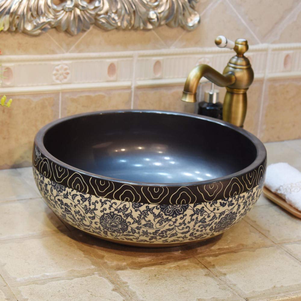 Handmade Ceramic Countertop Basin - Black Antique Art Wash Basin for Bathroom Sink | Above Counter Vessel Sink for Modern & Vintage Bathroom Decor
