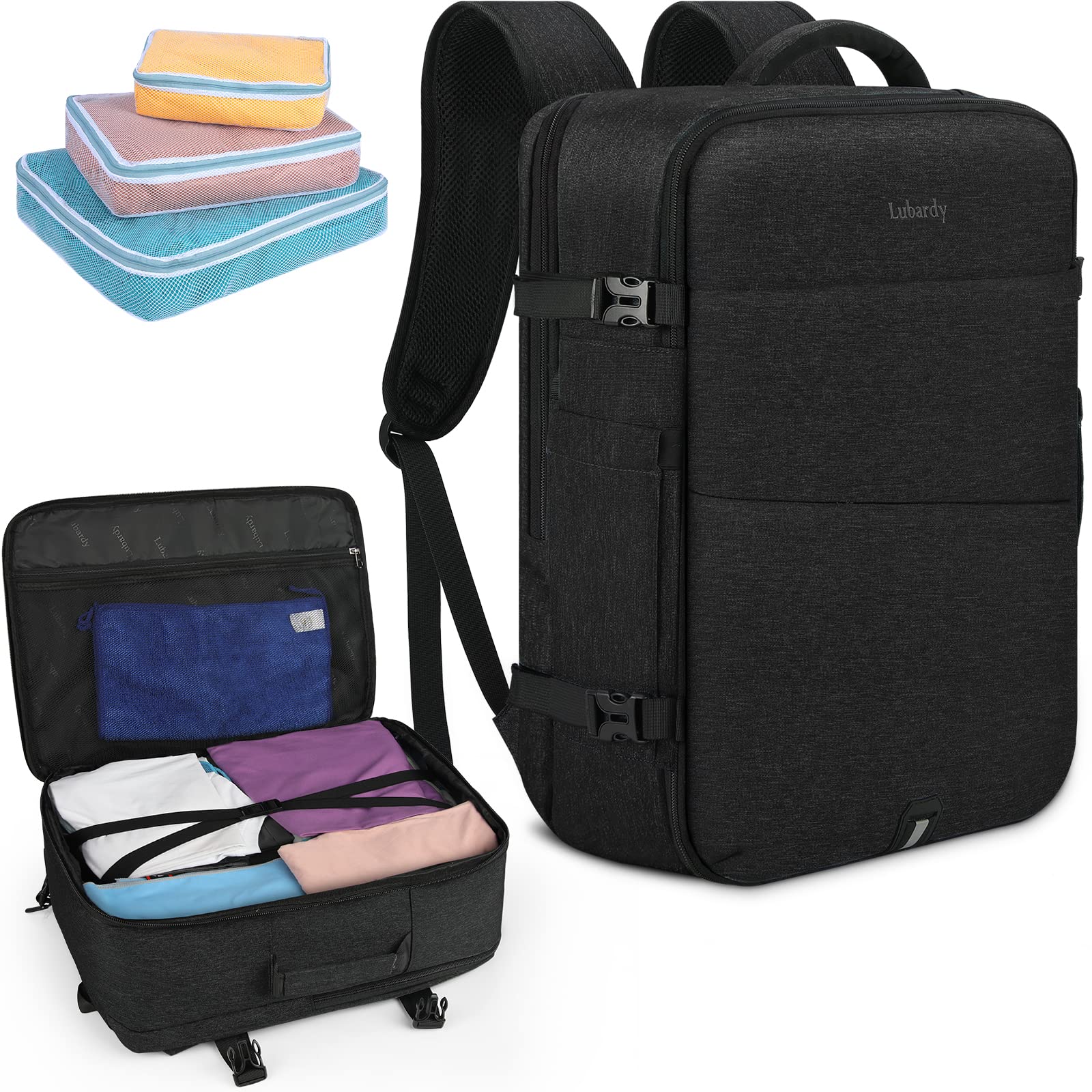 17 Inch Waterproof Travel Laptop Backpack for Men & Women - Large Carry On Luggage with 3 Packing Cubes - Perfect for Business, School, Weekender & Overnight Trips - Black
