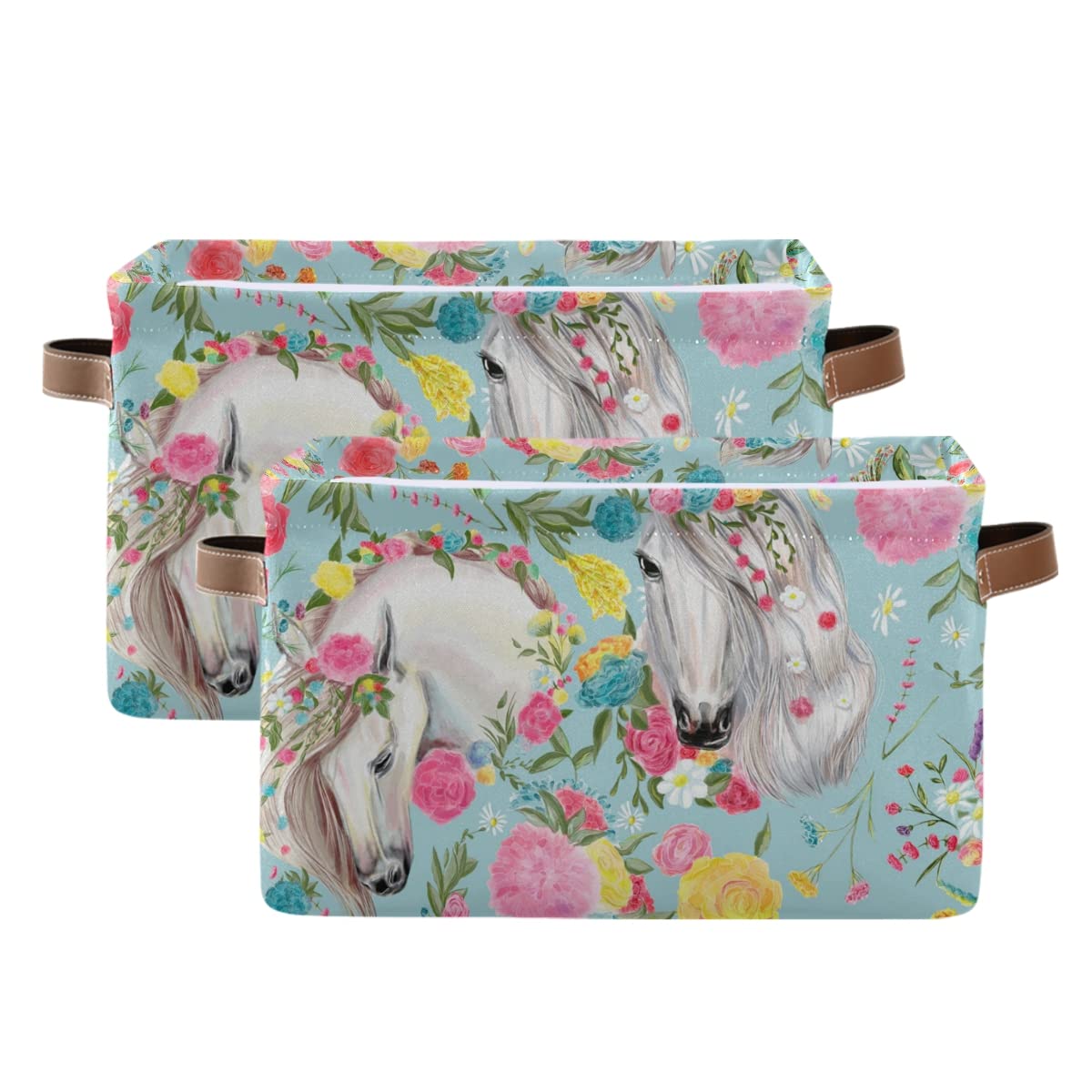 Square Canvas Storage Basket for Closet & Office - Horses & Flowers Design