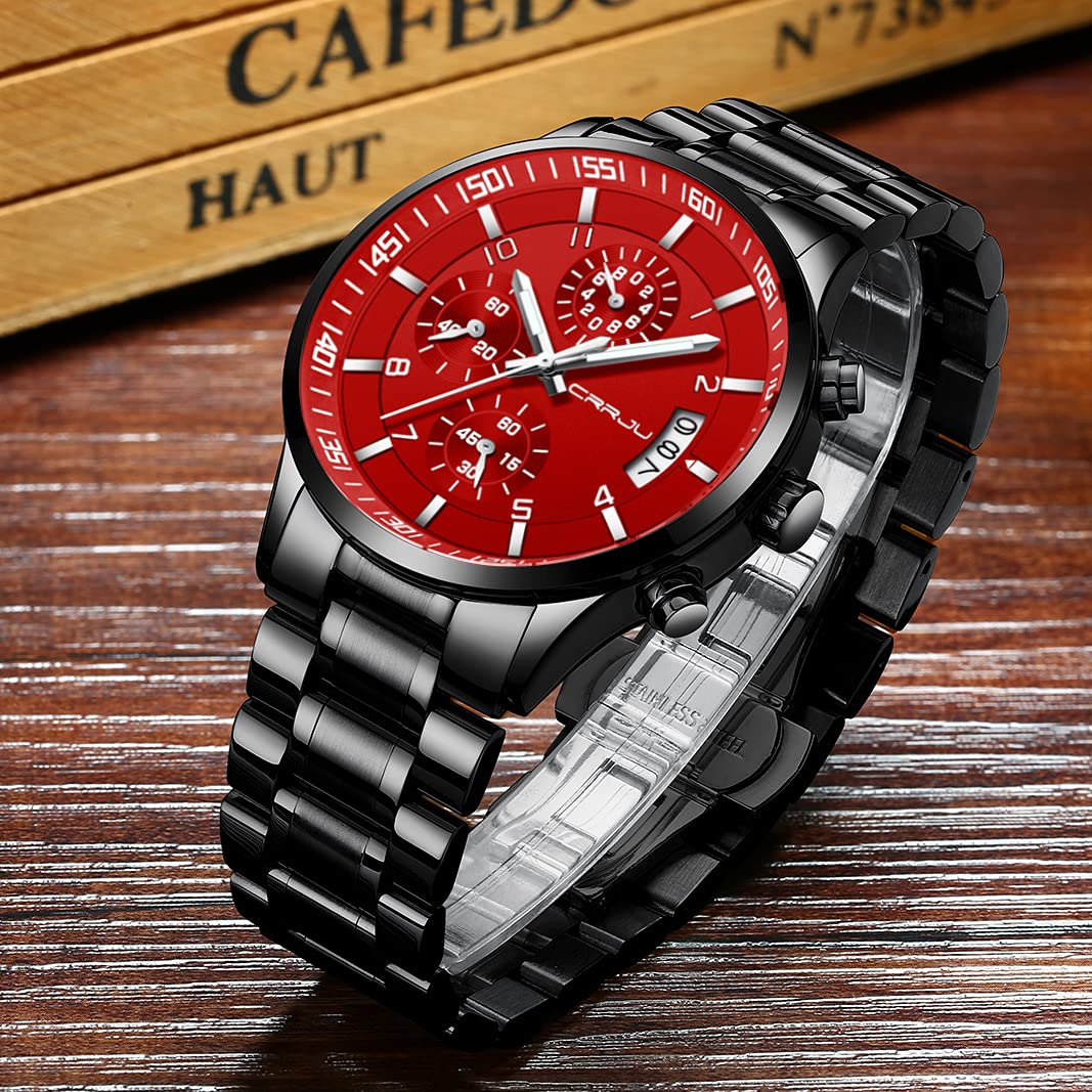 CRRJU Men's Stainless Steel Chronograph Watch with Date Display - Waterproof Wristwatch for Business, Casual & Outdoor Activities - Durable Steel Band for Everyday Wear