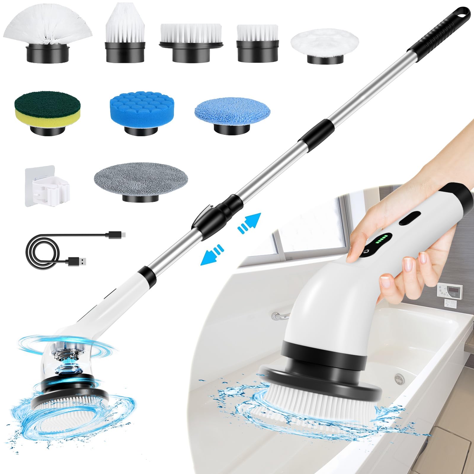 Cordless Electric Spin Scrubber with 9 Brush Heads - Powerful Cleaning Brush for Bathroom, Shower, Bathtub, Tile & Car - Long Handle Rechargeable Scrubber for Deep Cleaning (Perfect for Grout, Hard Water Stains & Tough Soap Scum Removal)
