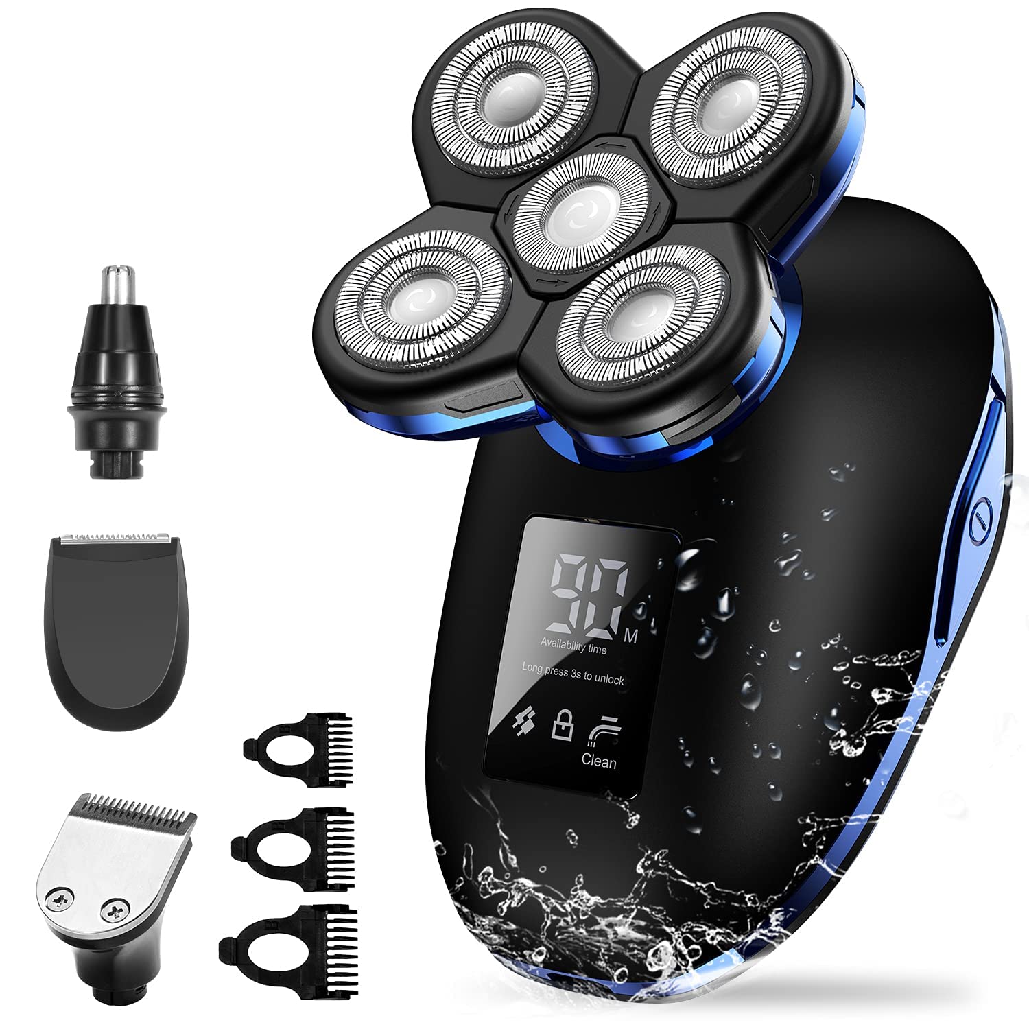 Professional 5-in-1 Electric Razor for Men - Rechargeable Shaver with Floating Heads, Hair Clipper, Nose/Ear Trimmer & Facial Cleaning Brush - Perfect for Travel, Grooming Kits & Daily Shaving (Black)