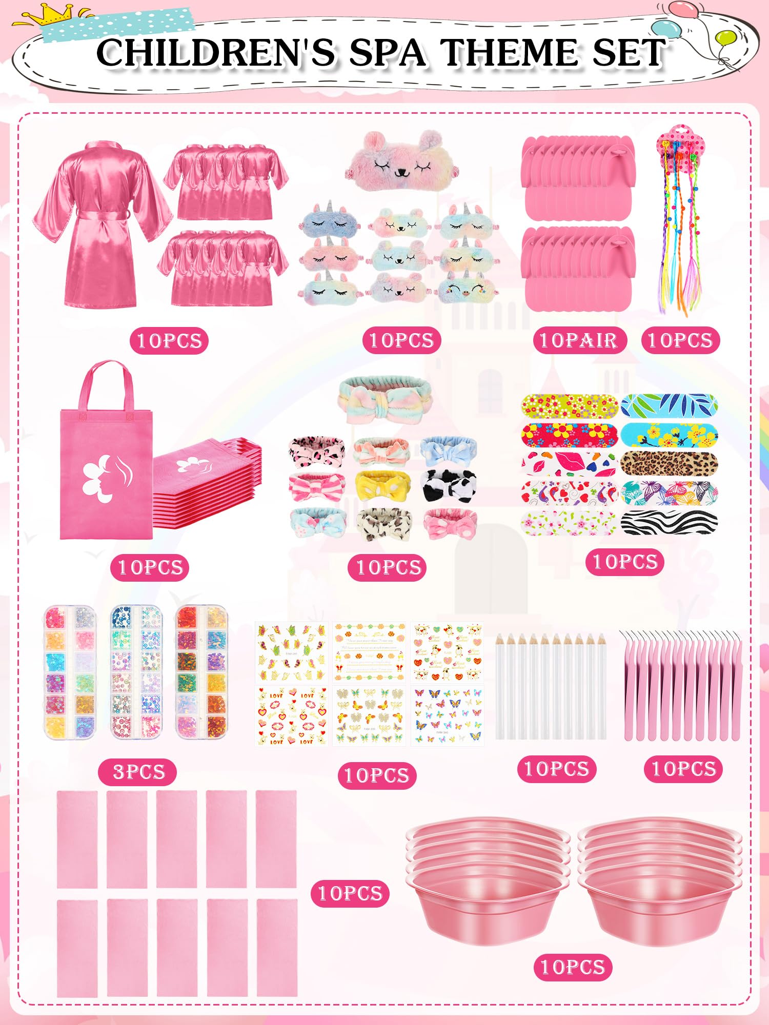Suhine 10-Piece Girls Spa Party Kit - Kids Satin Robes & Nail Salon Accessories Set - Perfect for Birthday Party Favors, Sleepovers & DIY Spa Nights at Home