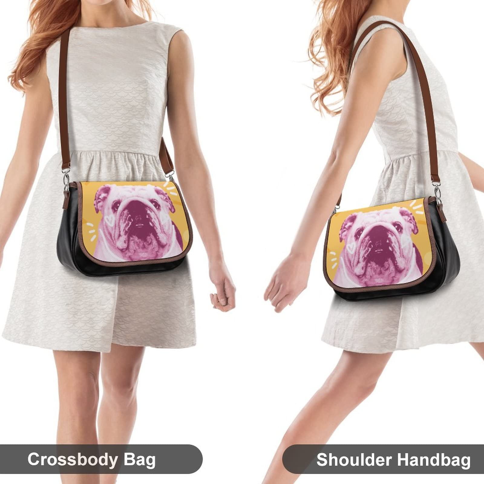Stylish Women's Leather Crossbody Bag - Printed Bulldog Design Casual Shoulder Messenger Purse for Everyday Use, Travel & Shopping