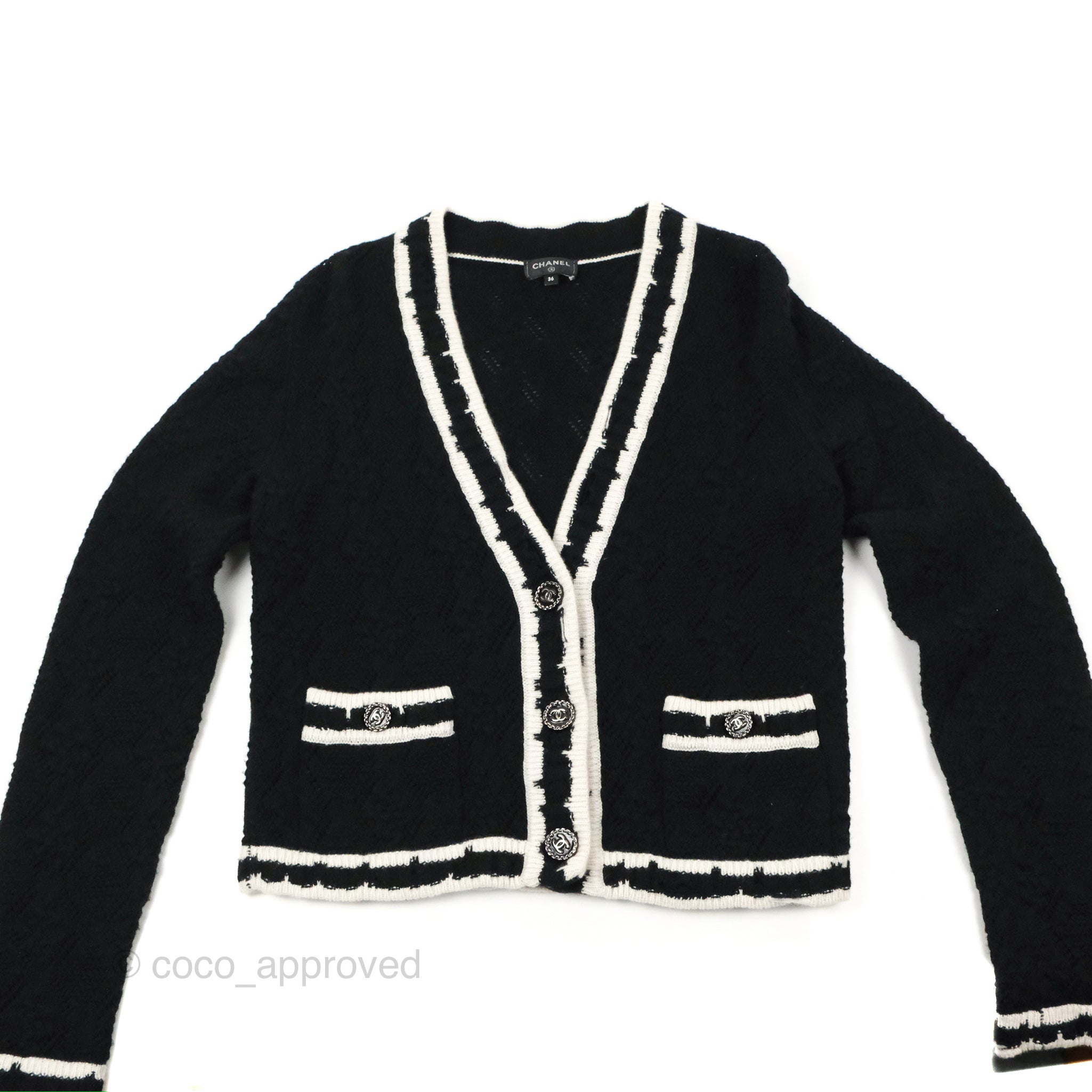 Chanel Black & White Cashmere Cardigan Women's Sweater 22C Collection | Luxury Knitwear for Fall & Winter | Perfect for Office, Dinner Dates & Holiday Parties