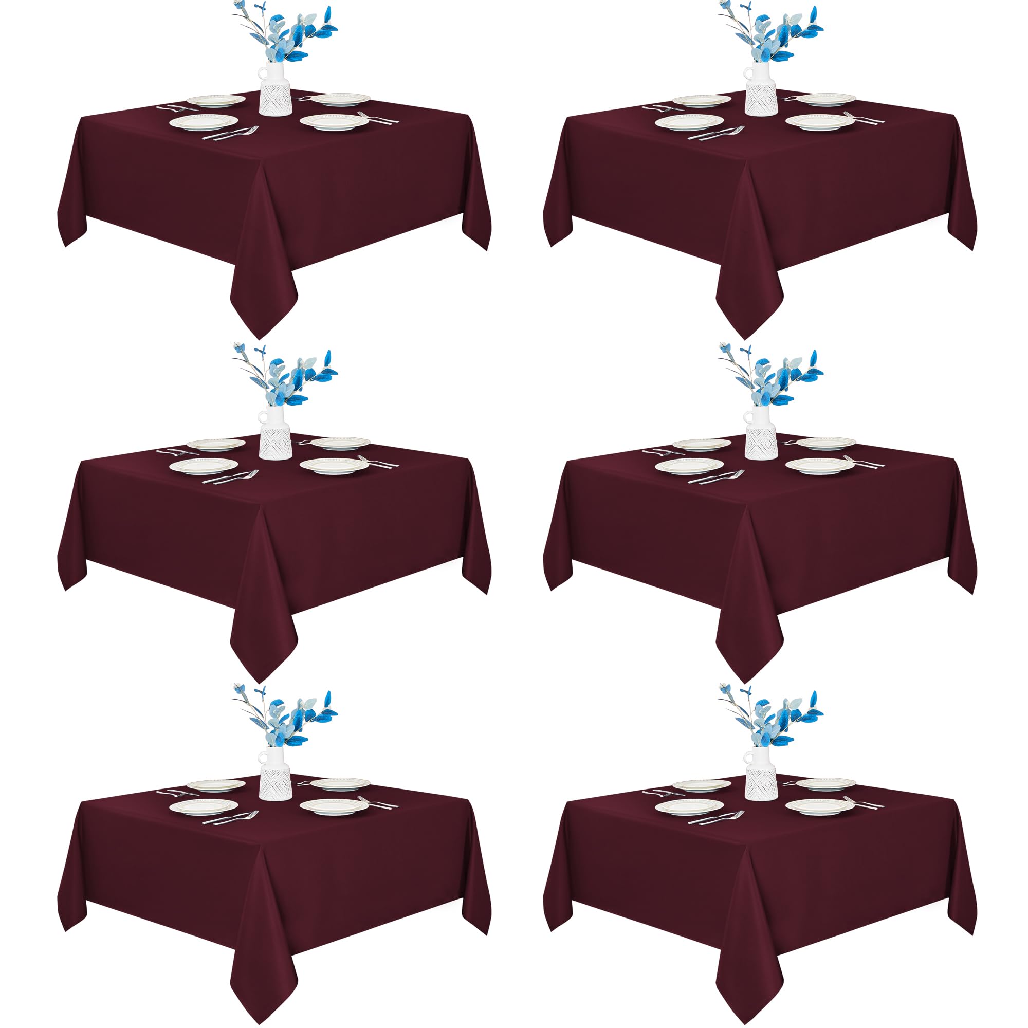 Stain-Resistant 70x70 Inch Square Tablecloths - 6 Pack Burgundy Polyester for Dining & Coffee Tables