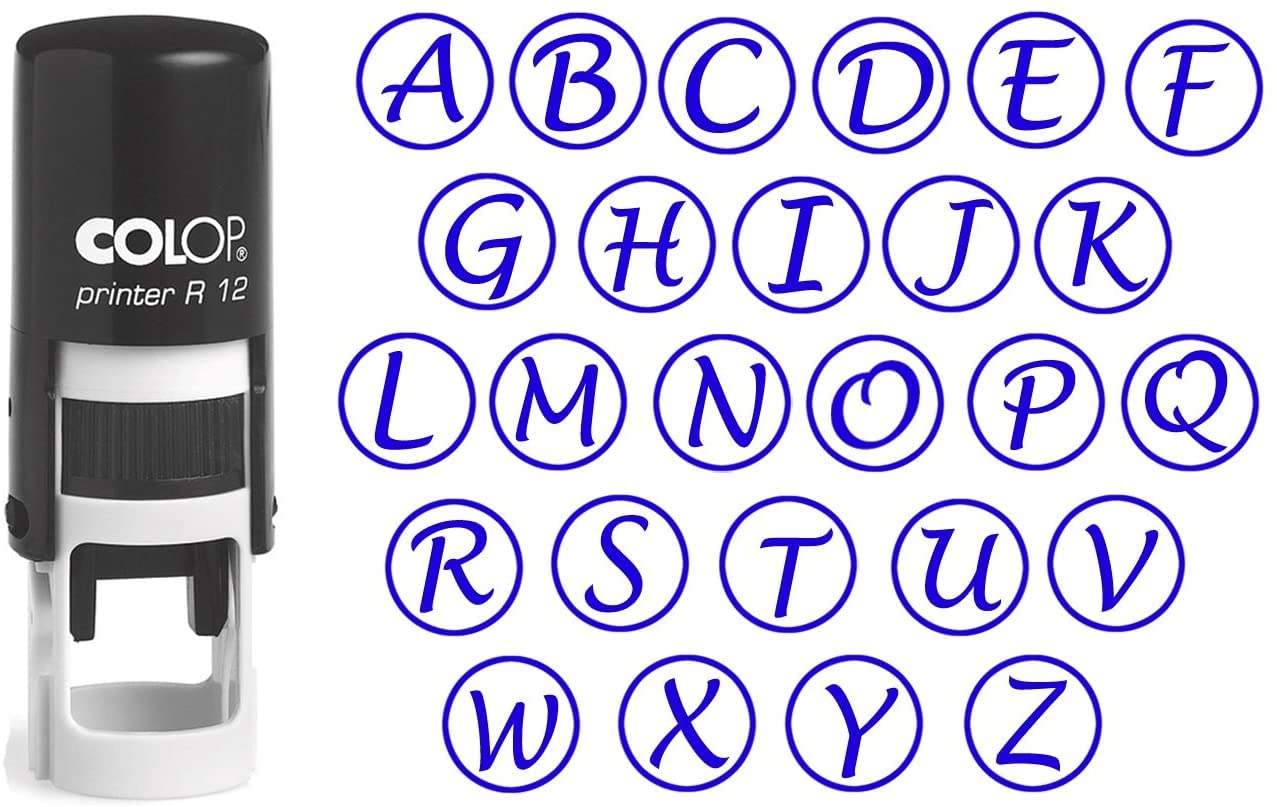 Custom A-Z Alphabet Stamp - Blue Ink Monogram Round Rubber Stamp, Self Inking Initial Stamp (12mm) | COLOP Mini Stamper for DIY Crafts, Scrapbooking & Office Use
