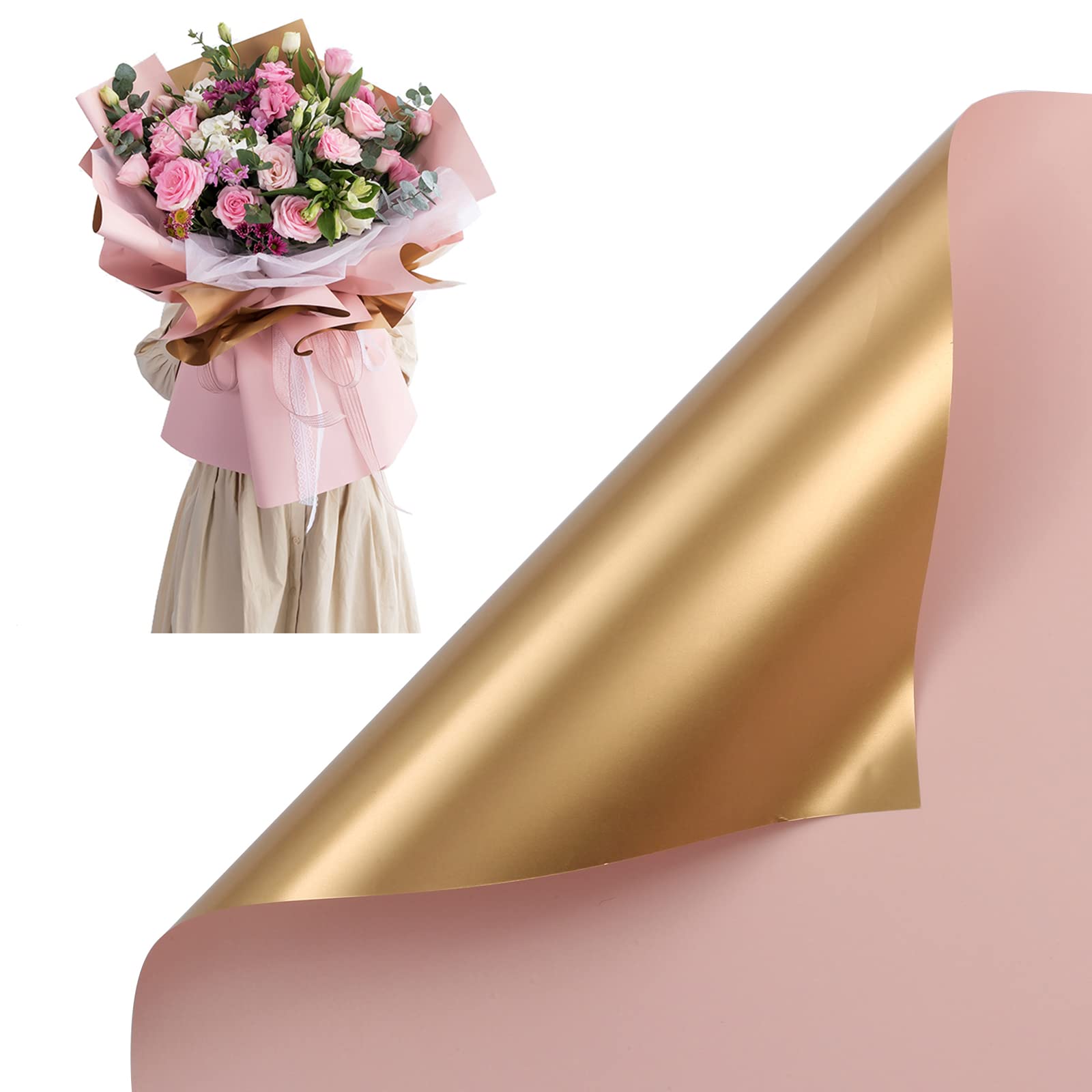 Double Sided Floral Wrapping Paper - Waterproof Golden Flower Gift Wrap for Bouquets, DIY Crafts (20 Sheets, 23.6x23.6 Inch, Pink) - Perfect for Wedding Favors, Birthday Presents & Party Decorations