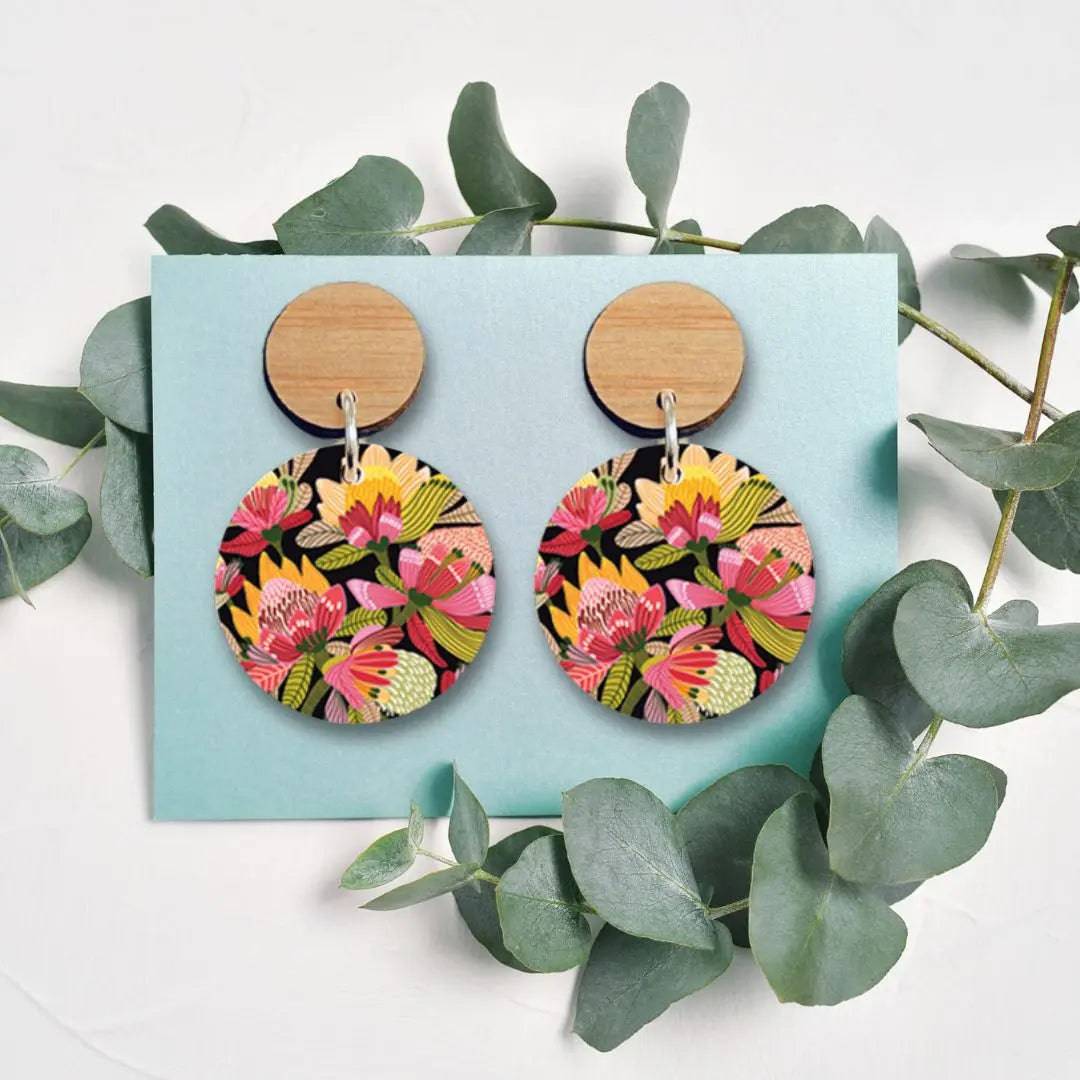 Wild Proteas Australian Wooden Earrings - Handmade Boho Dangle Earrings for Women - Perfect for Festivals, Weddings & Boho Fashion