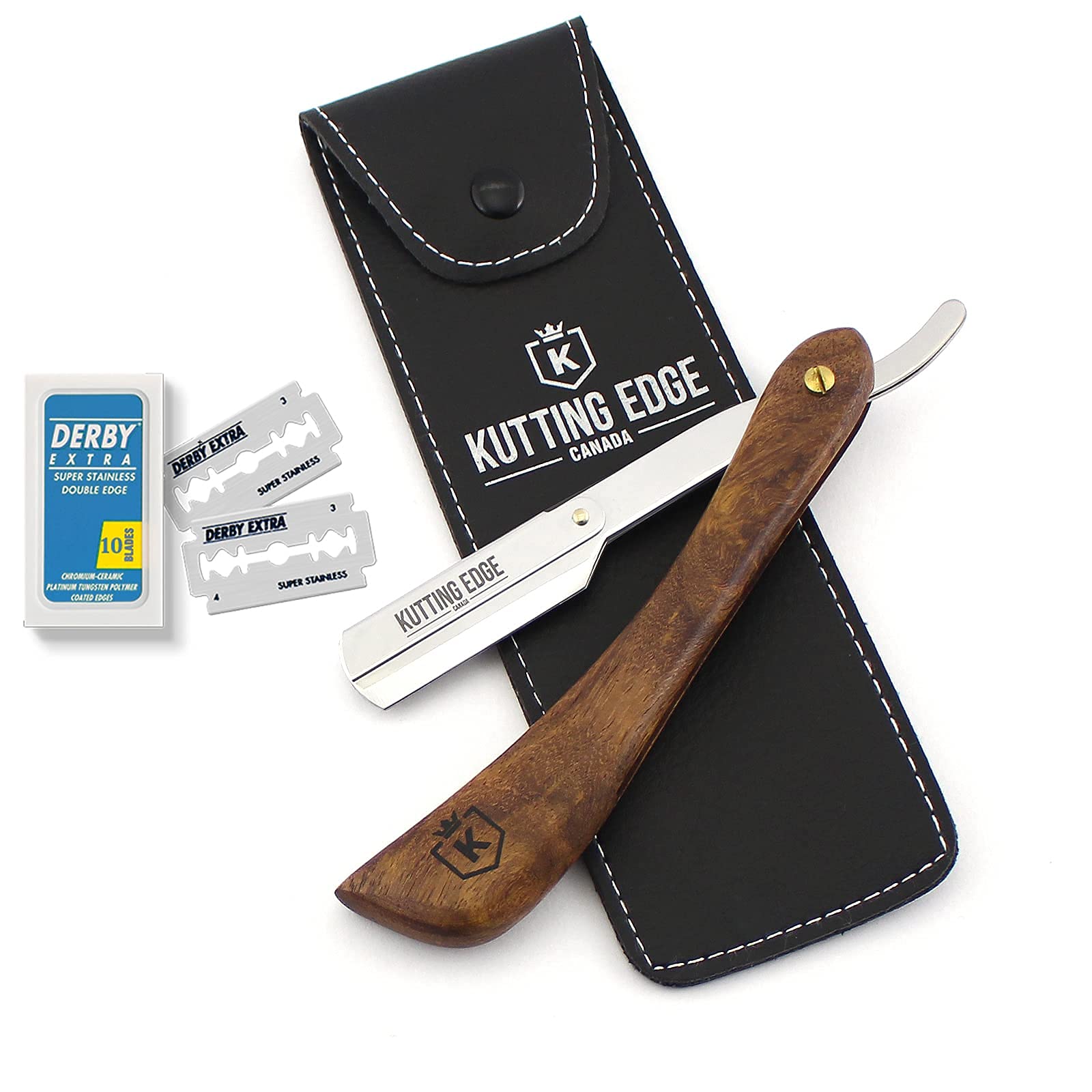 Professional Straight Edge Razor - Stainless Steel Barber Shaving Razor with 10 Derby Double Edge Blades & Brown Wood Handle - Perfect for Men's Grooming, Beard Trimming & Classic Wet Shaving at Home or Salon