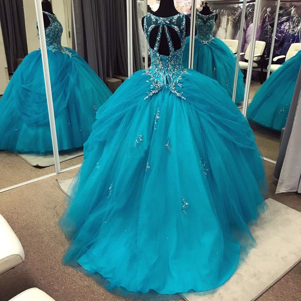 Elegant Crystal Beaded Quinceañera Dresses for Women | Sheer Neck Tulle Ruffles Ball Gown | Sweet 16 Birthday Party, Prom, Formal Events & Special Occasions