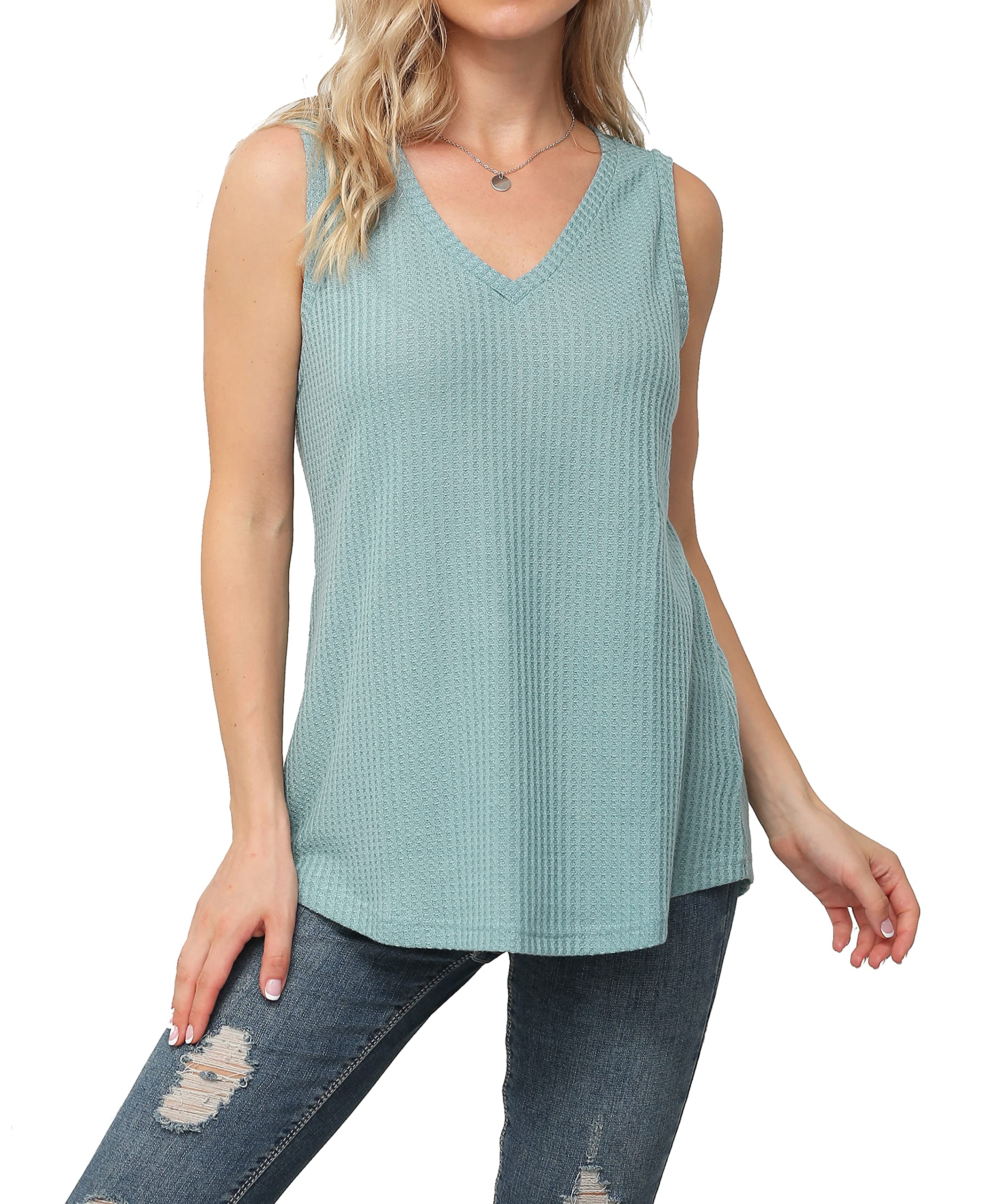 IWOLLENCE Women's Waffle Knit V-Neck Tank Top - Summer Casual Sleeveless Shirt, Loose Blouse for Beach, Travel & Everyday Wear