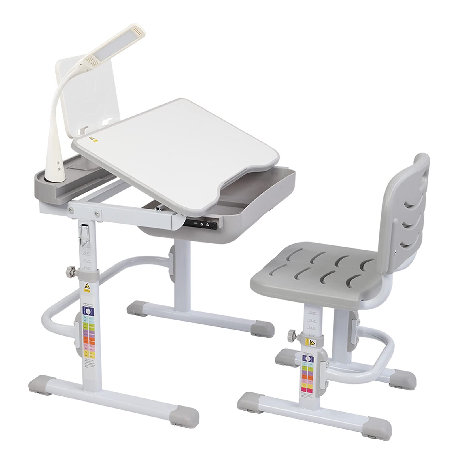Adjustable Height 70CM Tiltable Study Desk & Chair Set with Reading Stand, USB Port & Desk Lamp - Perfect for Kids Learning, Reading & Homework (Grey)