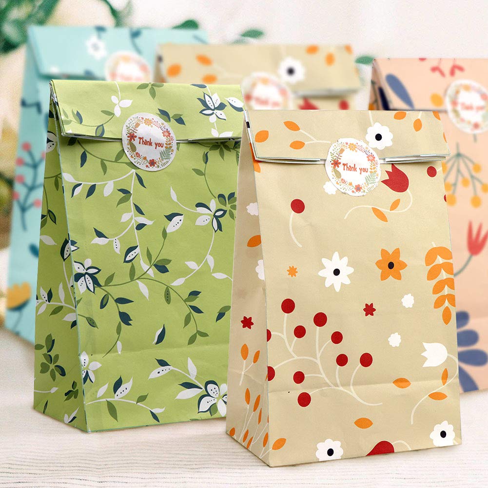AerWo 48PCS Floral Gift Bags Bulk - Cute Flower Pattern Party Favor Bags for Kids Birthday, Bridal Shower, Wedding Favors | Medium Size Goodie Bags with Thank You Stickers | Perfect for Baby Showers, Graduation Parties & Holiday Gift Giving