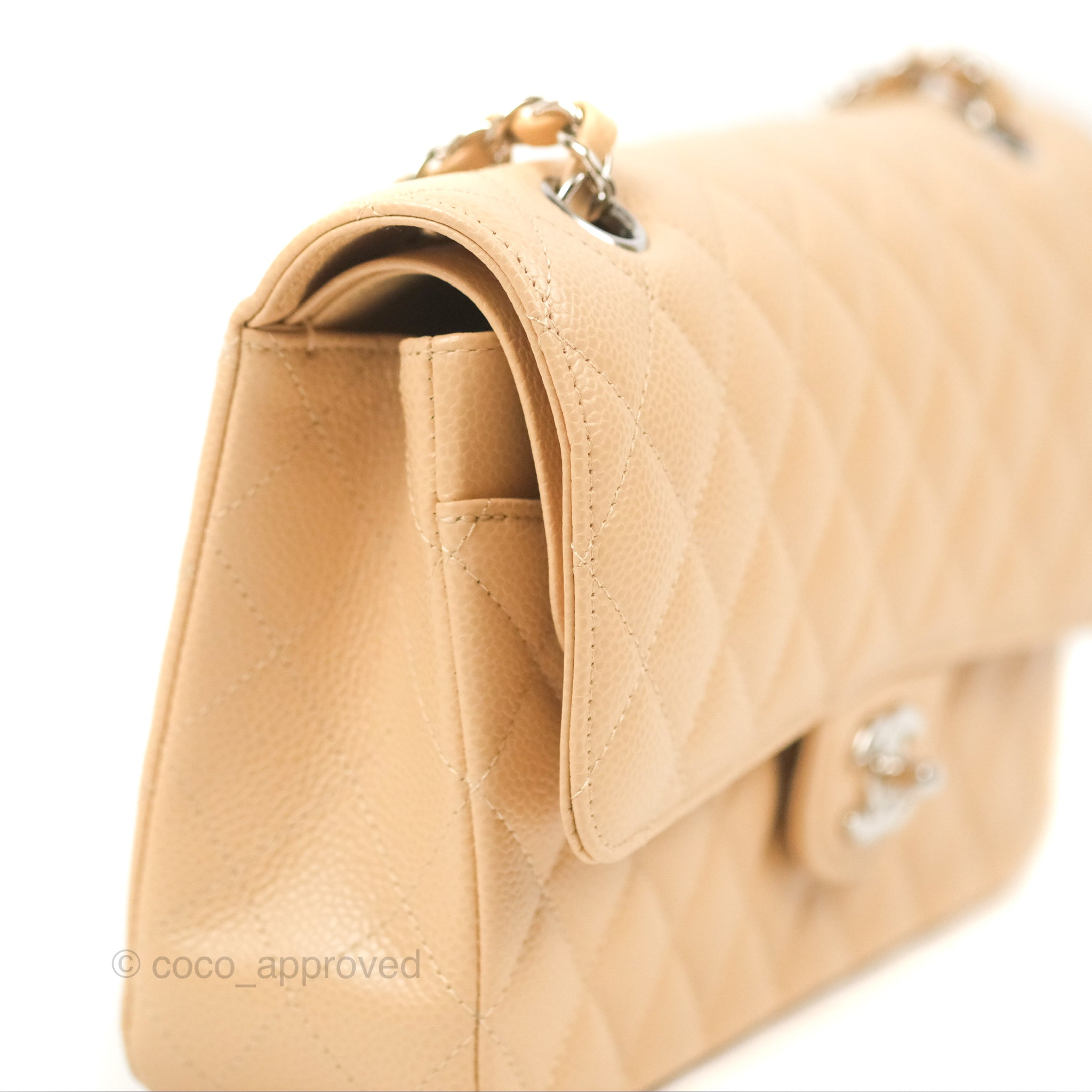 Chanel Classic Medium Double Flap Bag Quilted Beige Caviar Leather with Silver Hardware - Luxury Designer Handbag for Women, Perfect for Work, Evening & Special Occasions