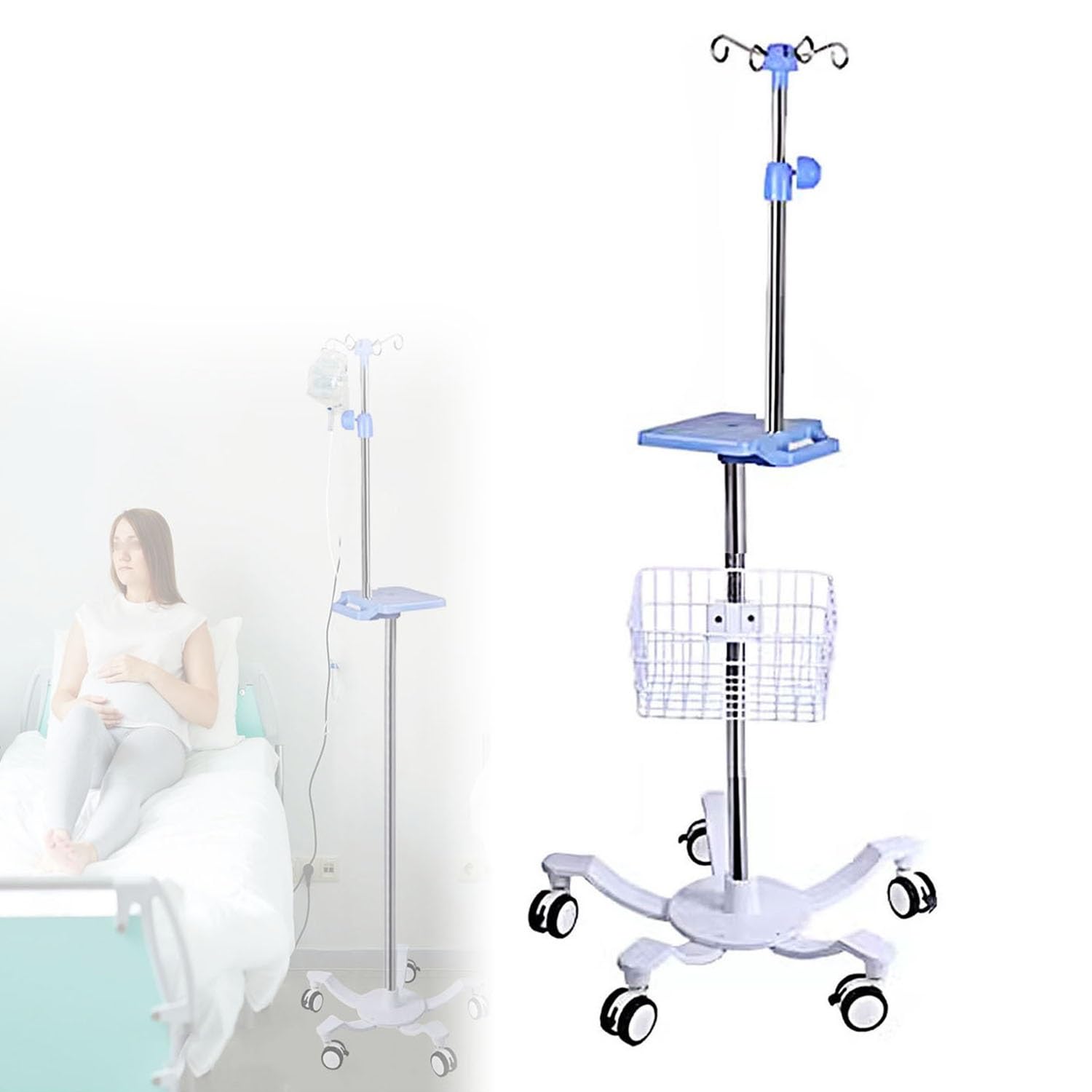 Portable IV Pole with Wheels - Adjustable IV Drip Stand with Tray, Heavy Duty Cast Iron Base & 5 Braked Casters for Hospital, Home Care & Nursing Use - Includes 4 Hooks & Air Pressure Buffer (Color: C)