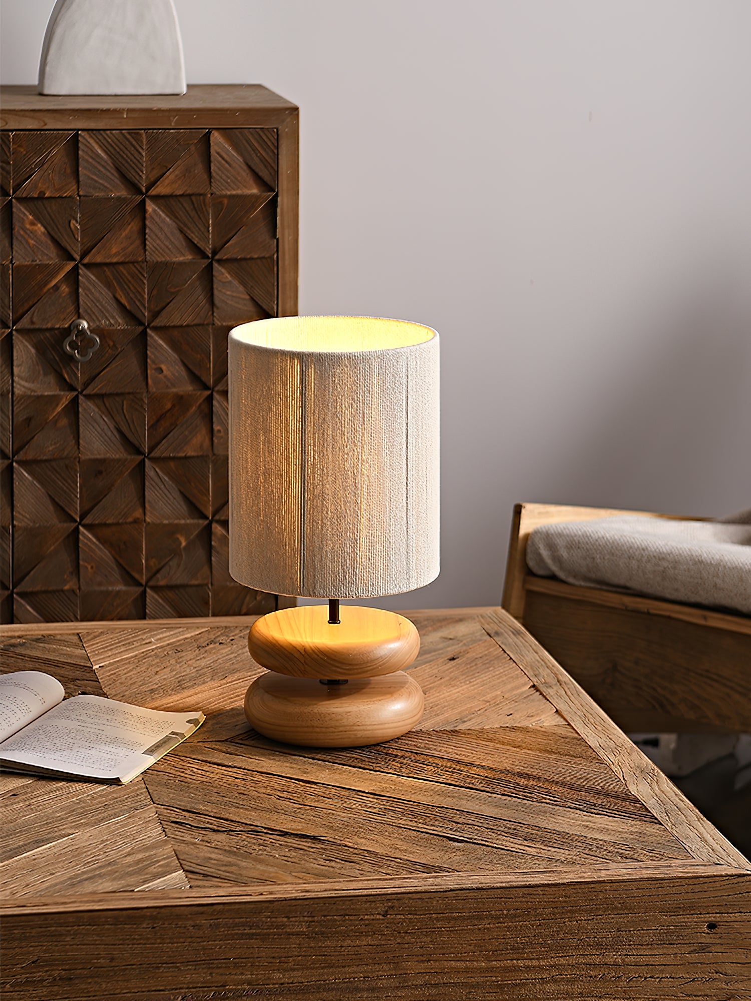Modern Nora Wood Table Lamp - Handcrafted Solid Wood Nightstand Lamp with Fabric Shade for Bedroom, Living Room, Office - Warm Ambient Lighting for Home Decor