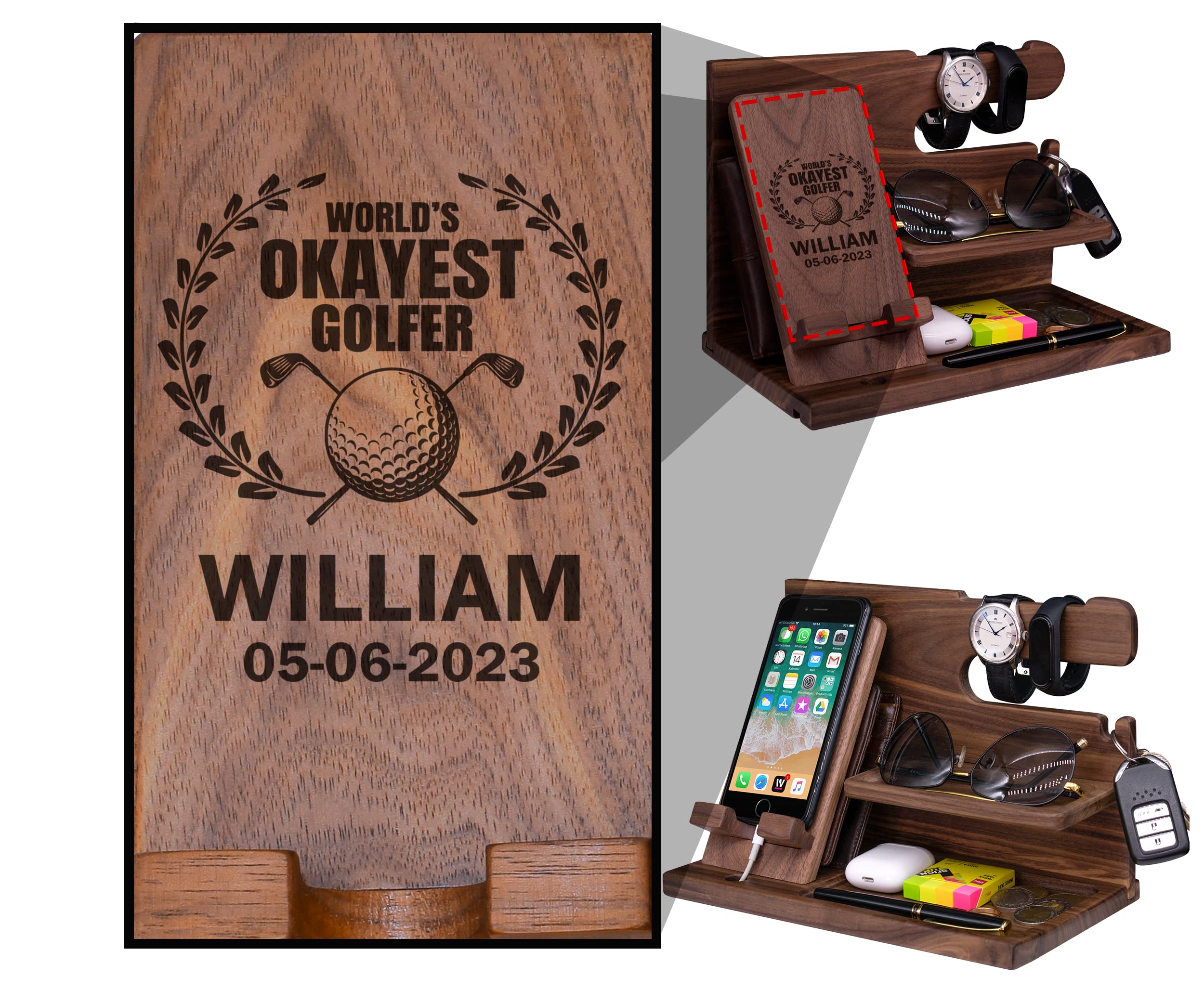 Personalized Wooden Golf Desk Organizer - Custom Engraved Gift for Men, Boyfriends, Sons - Unique Golfing Gift Idea for Dad to Son - Perfect for Office, Home, or Golf Clubhouse Decor