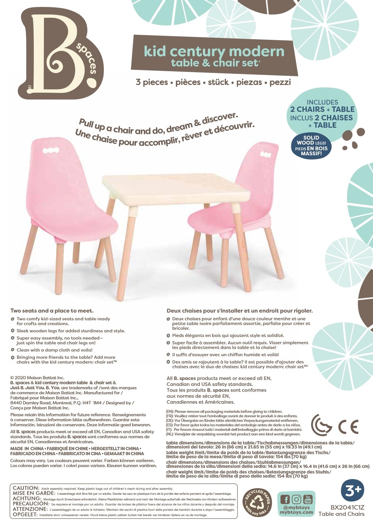 B. Spaces Kids Table and Chair Set - 1 Craft Table & 2 Chairs - Natural Wooden Legs - Modern Children's Furniture in Pink & Ivory - Perfect for Playroom, Classroom & Homeschool Learning Activities