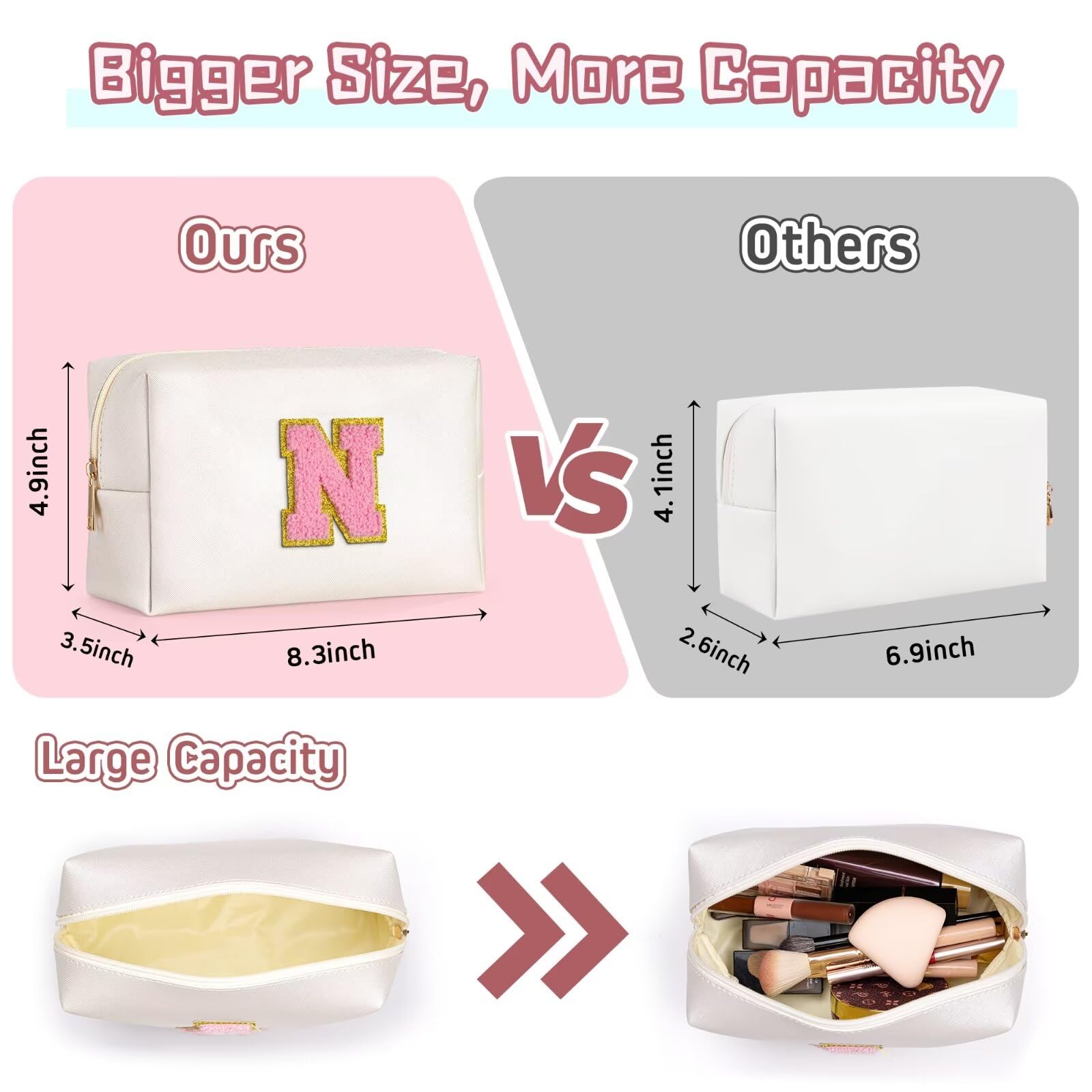 TOPEAST Personalized Initial Makeup Bag for Women & Girls - Cute Preppy Toiletry Travel Cosmetic Pouch - Best Birthday Easter Gifts for Teen Girls Kids (White A) - Perfect for Travel, School & Daily Beauty Essentials