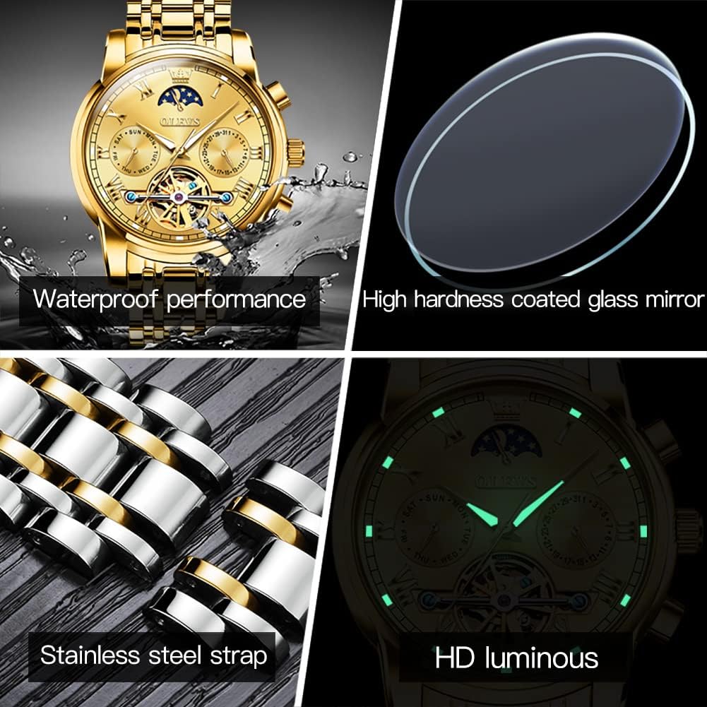 OLEVS Men's Automatic Skeleton Tourbillon Mechanical Watch - Self Winding Luxury Dress Watch with Moon Phase, Day Date, Waterproof & Luminous - Perfect for Business, Formal Events & Gifts for Him