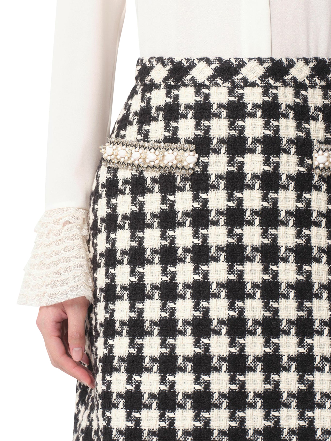 Stylish Embroidered Damier Light Tweed Skirt for Women - Perfect for Office Wear, Cocktail Parties & Spring Outfits