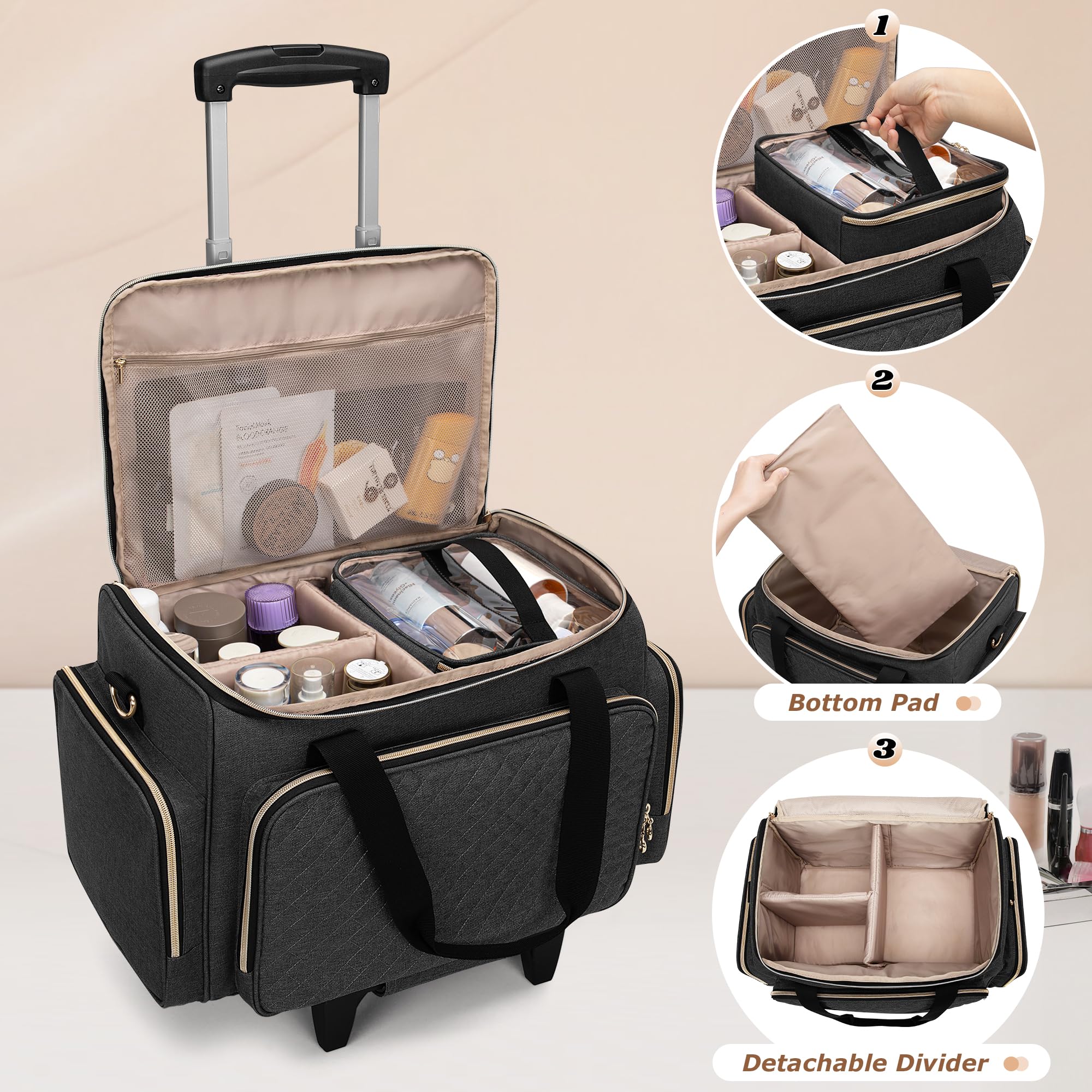 LUXJA Large Rolling Makeup Case with 3 Removable Pouches & Brush Bag - Professional Cosmetic Organizer with Detachable Dolly (Patented) - Perfect for Travel, Salon, and Makeup Artists - Black