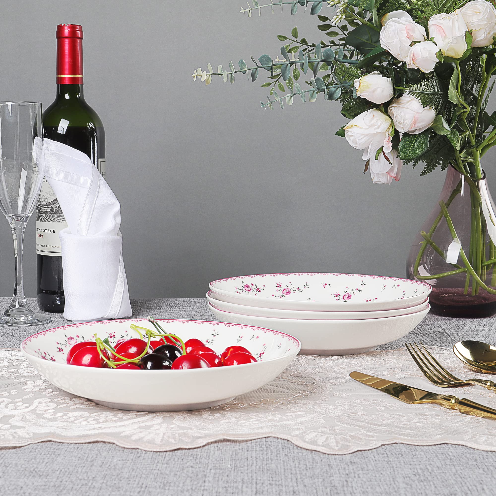 Fanquare 8-Inch Porcelain Salad Bowls Set of 4, Round Floral Dinner Plates for Soup, Pasta, Dessert & Fruit - Perfect for Family Dinners, Parties & Restaurant Serving