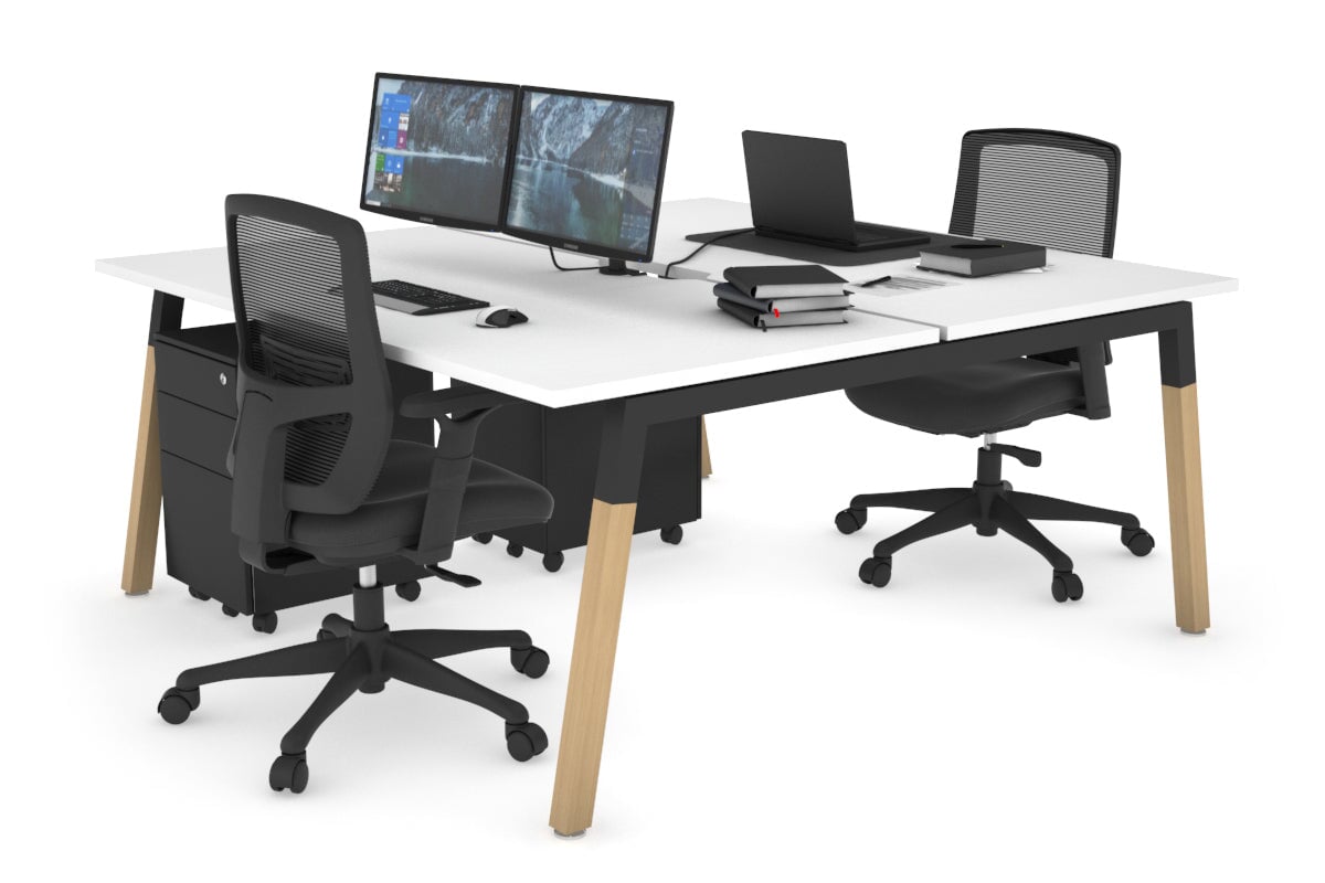Quadro A Legs 2-Person Office Workstation with Wood Legs & Cross Beam - 1200L x 800W with Cable Management Scallop | Perfect for Shared Workspaces & Home Offices